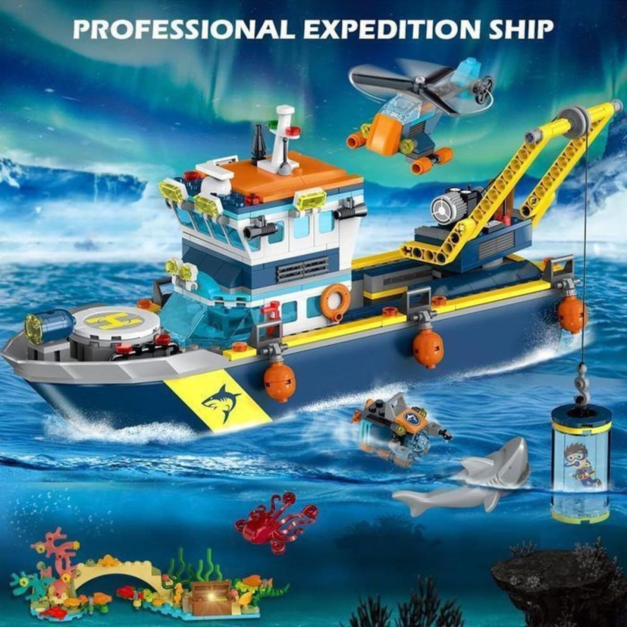 Voir la diapositive 2 : Ensemble de construction CD/LED HOGOKIDS Arctic Exploration : bateau d'exploration flottant, 542 pièces, grue, cage à requins, sous-marin et hélicoptère