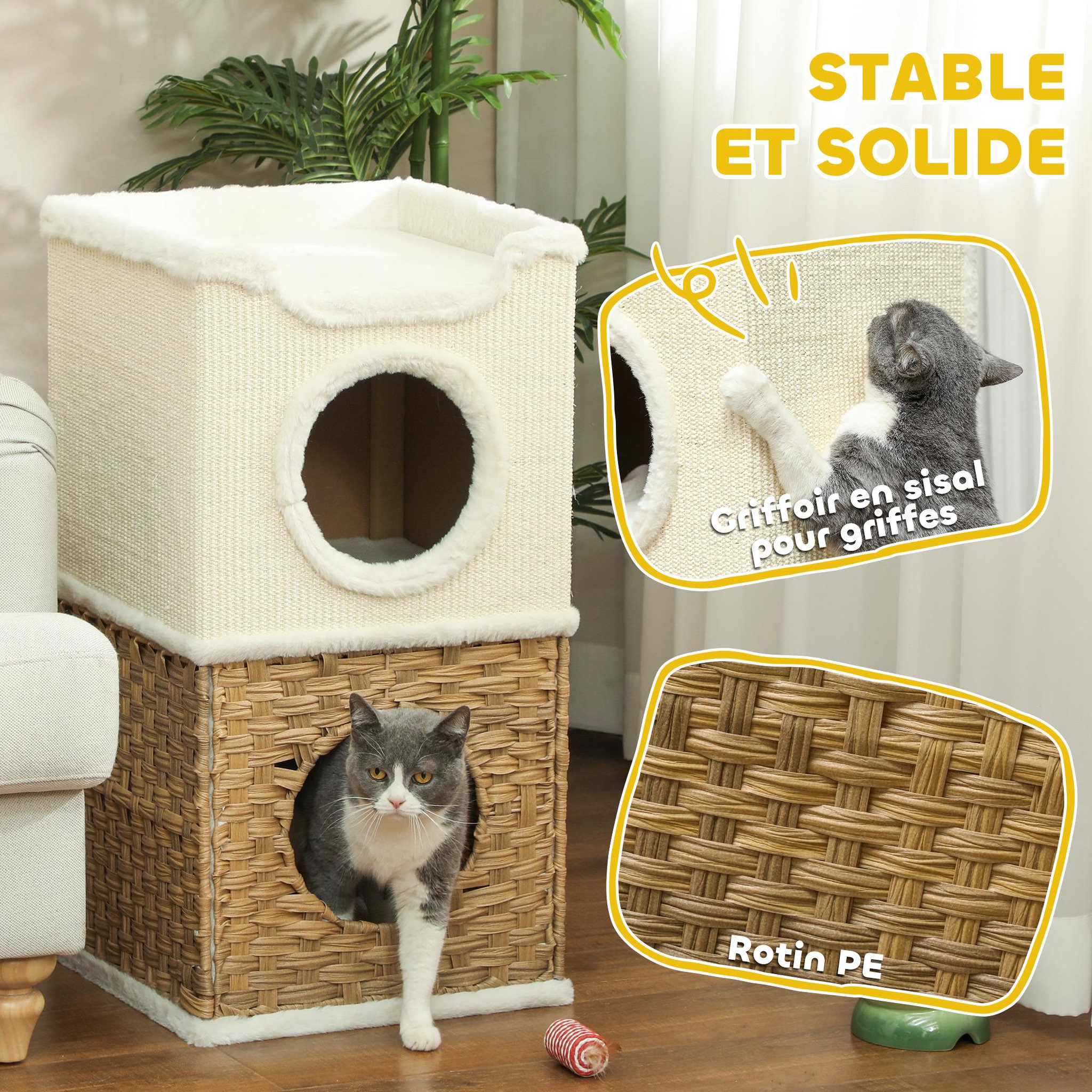 Voir la diapositive 6 : PAWHUT Tour à griffer pour chat 3 niveaux - 2 niches, panier observation- h.75,5 cm - résine tressée sisal