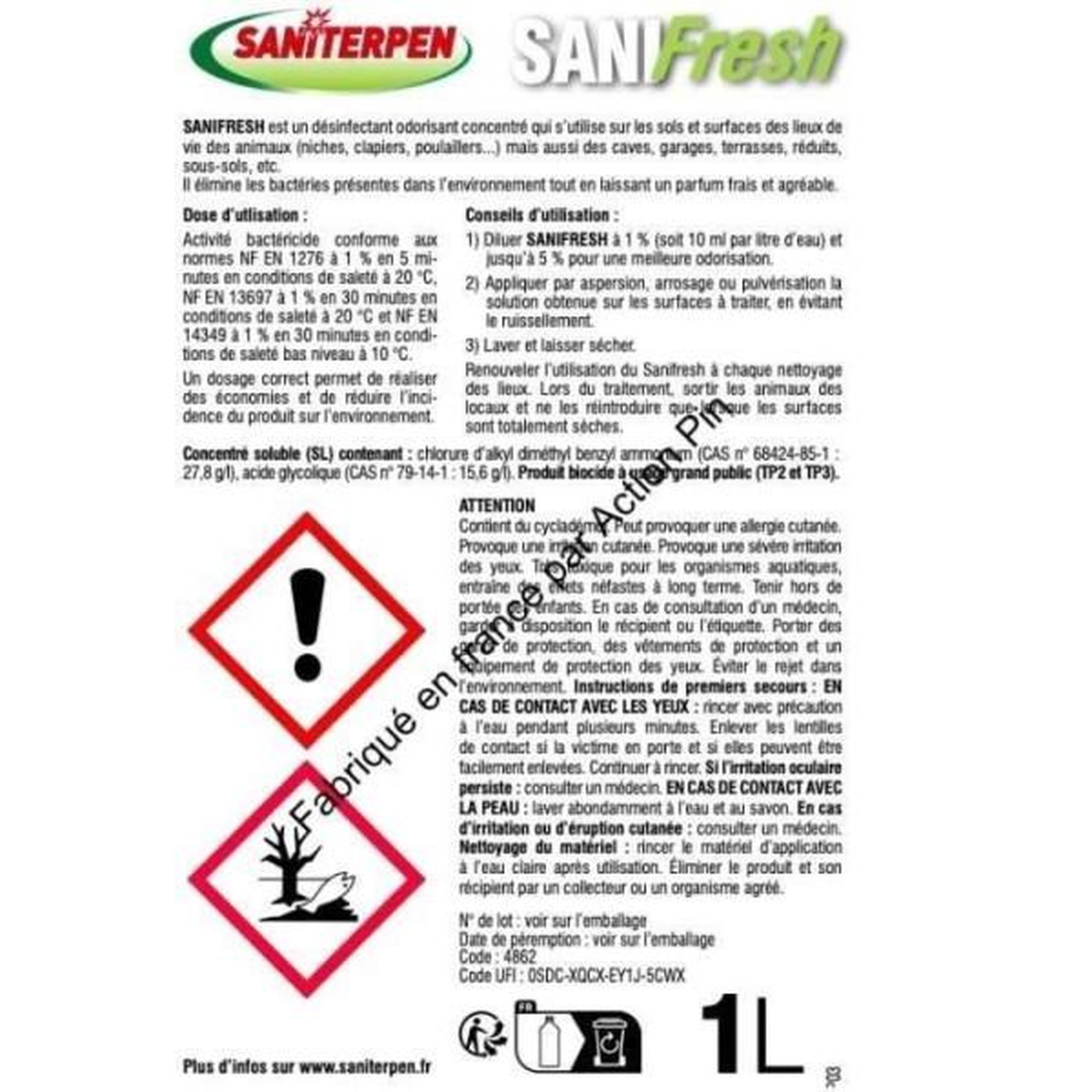 Voir la diapositive 2 : SANITERPEN Saniterpen sanifresh - désinfectant odorisant concentré pour les sols et surface