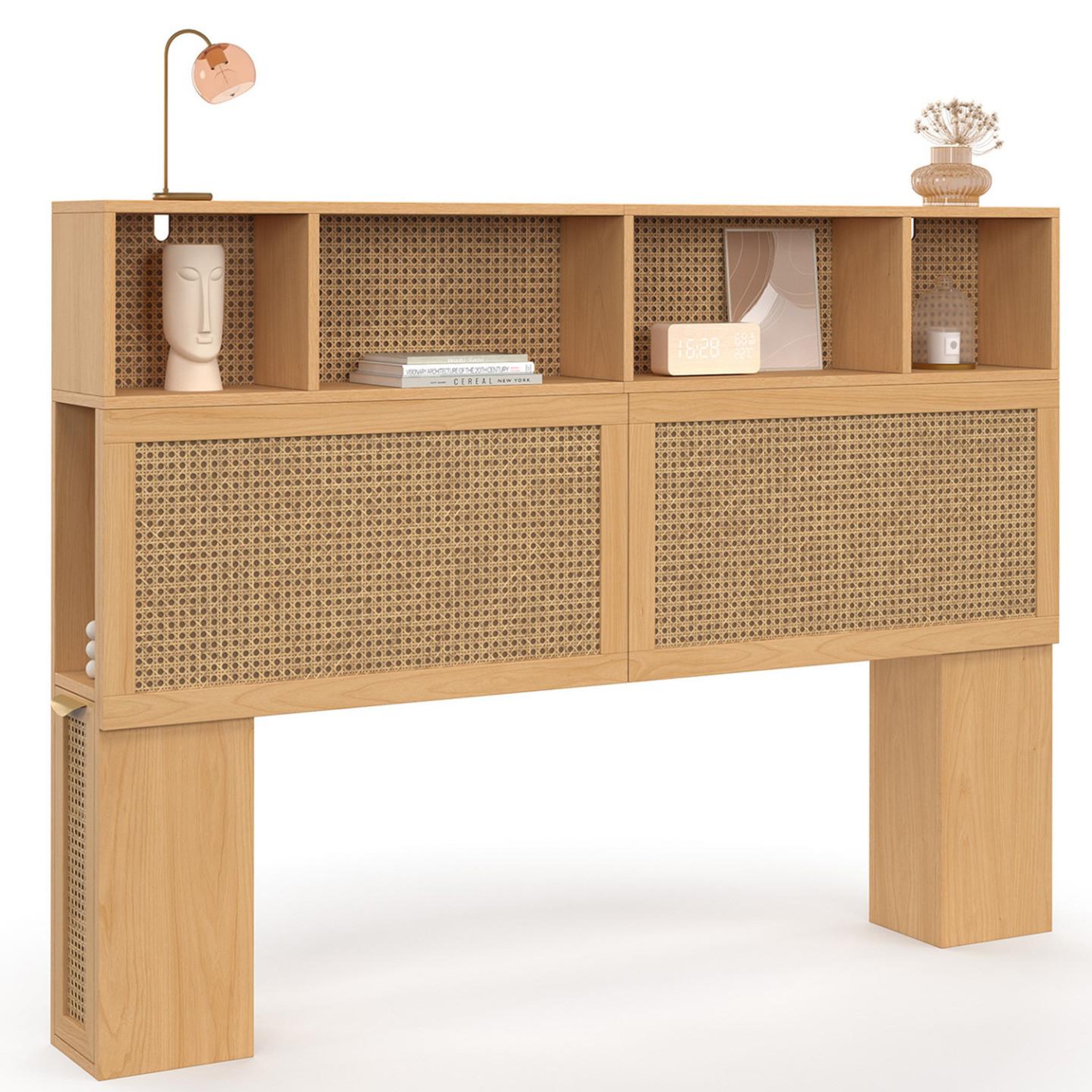 Voir la diapositive 6 : ID MARKET Tête de lit edhen 145 cm avec rangements fermés et niches cannage et bois