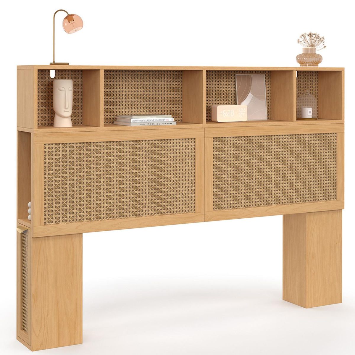 ID MARKET Tête de lit EDHEN 145 cm avec rangements fermés et niches cannage et bois