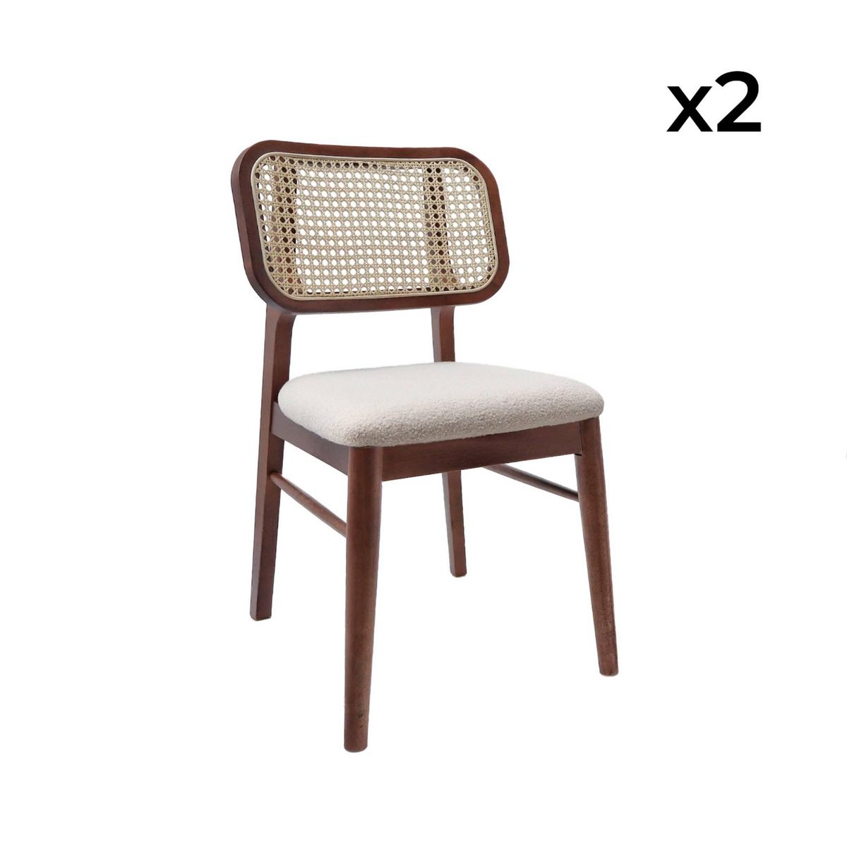 SWEEEK Lot de 2 chaises vintage bois d'hévéa cannage et bouclette Mani
