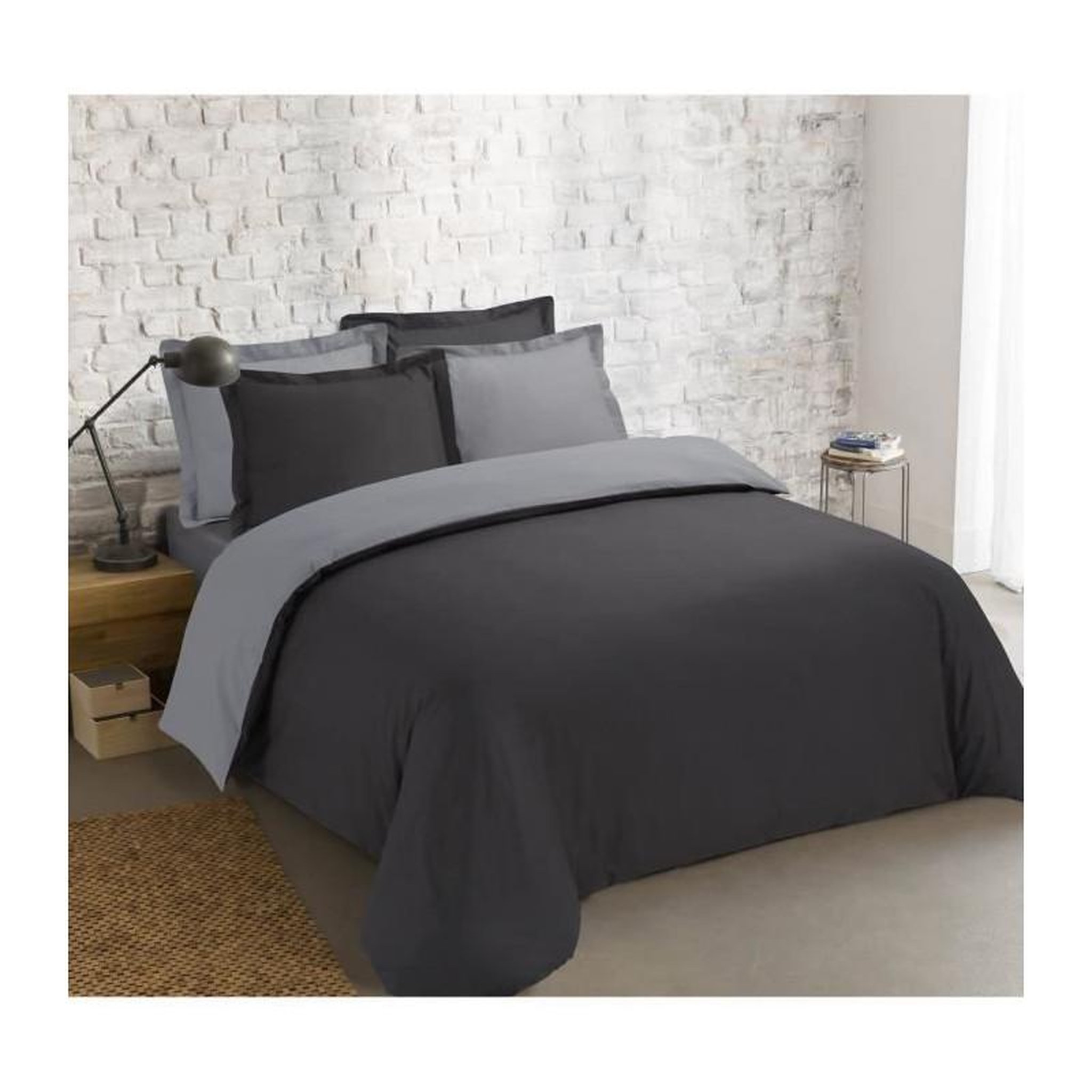 VISION VISION - Bicolore - Housse de couette Réversible 260x240cm avec 2 taies 65x65cm - Anthracite/gris - 100% coton