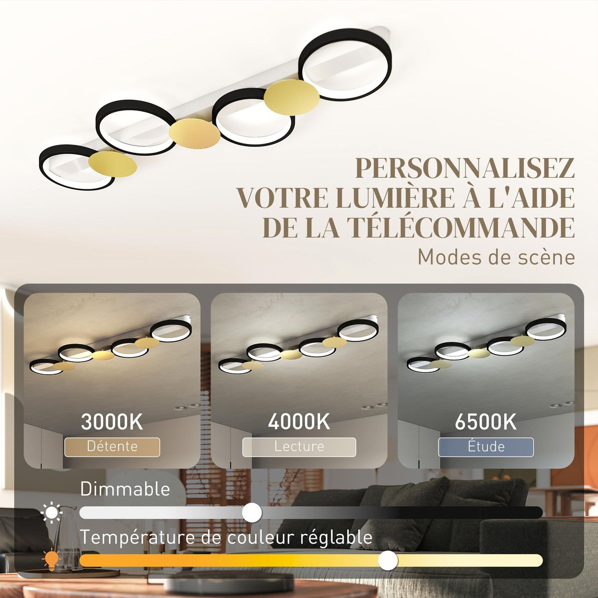 HOMCOM Plafonnier design anneaux LED 38W réglable avec télécommande métal noir doré