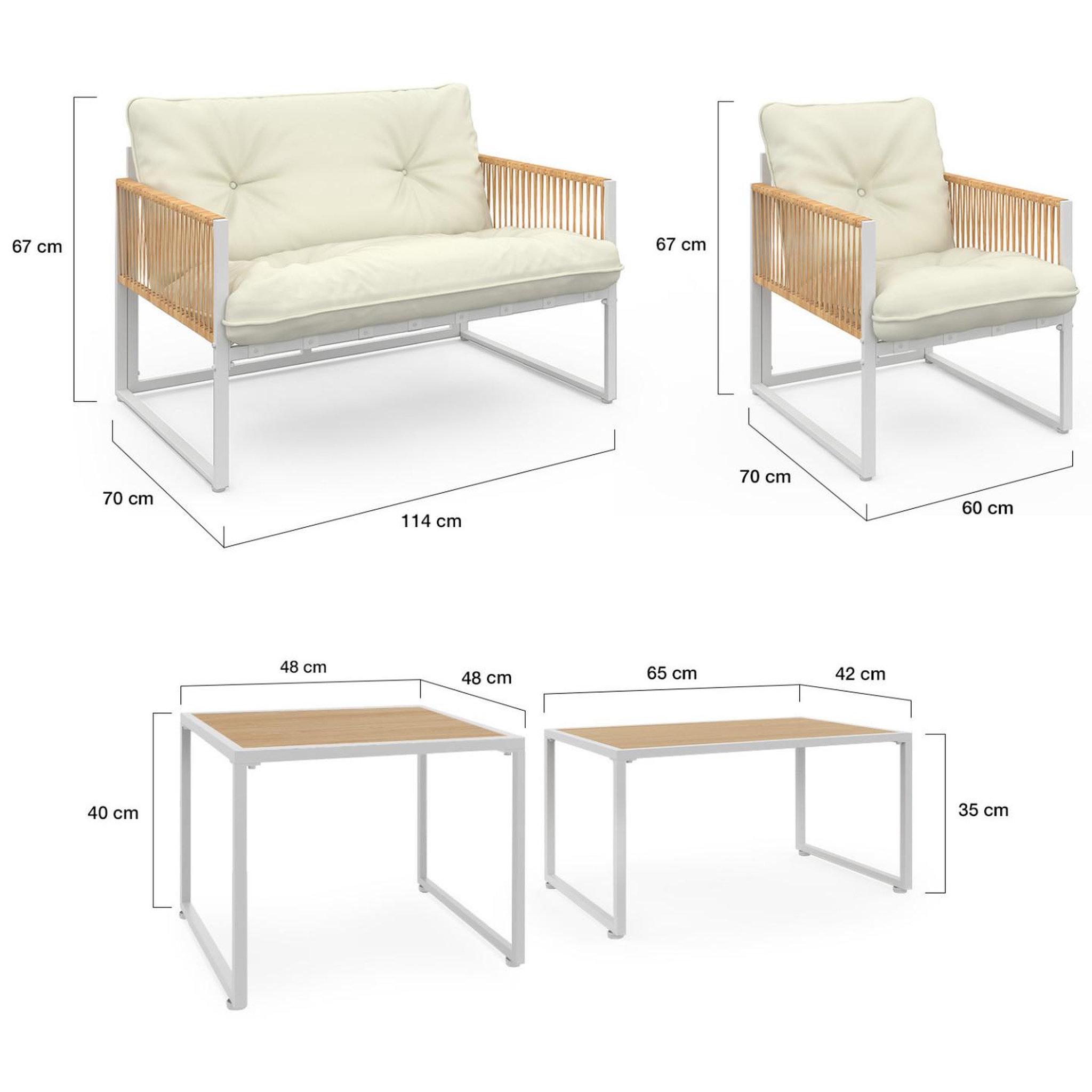 Voir la diapositive 6 : ID MARKET Salon de jardin bas rio 6 places structure métal blanc et cordage effet rotin avec coussins beige