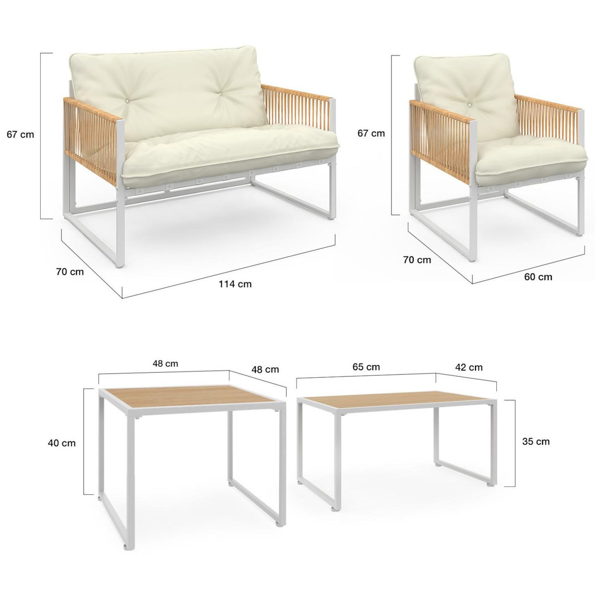 ID MARKET Salon de jardin bas RIO 6 places structure métal blanc et cordage effet rotin avec coussins beige