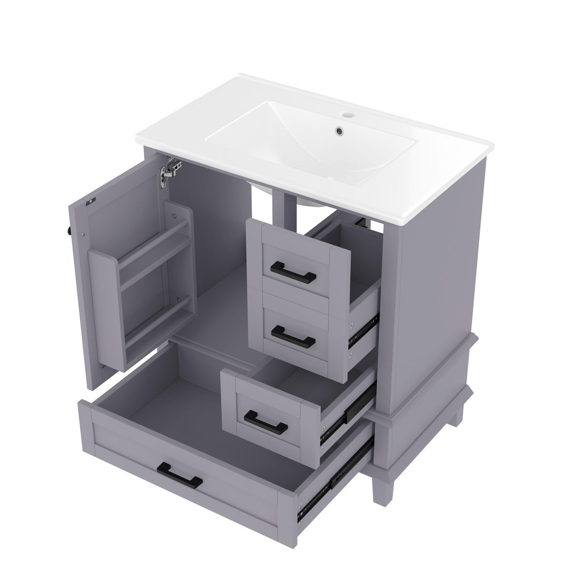 MERAX Meuble De Salle De Bain Vasque 1 Porte Et 3 Tiroirs Gris