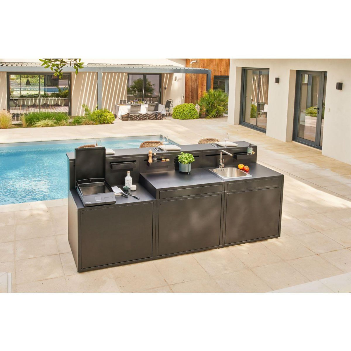 FORGE ADOUR Meuble de cuisine extérieure SPAF CBN meube pour plancha, porte rangement, pieds réglables, largeur 90 cm