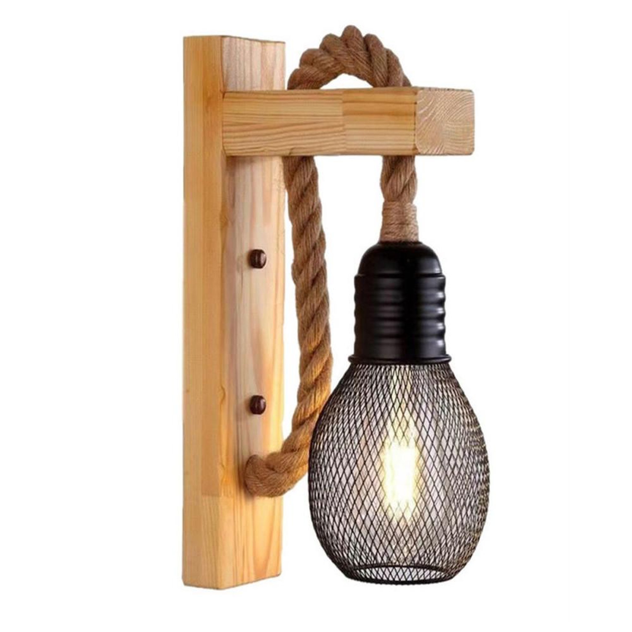 Applique murale rétro en bois de pin massif et corde de chanvre tressée, abat-jour grille métal noir, culot E27