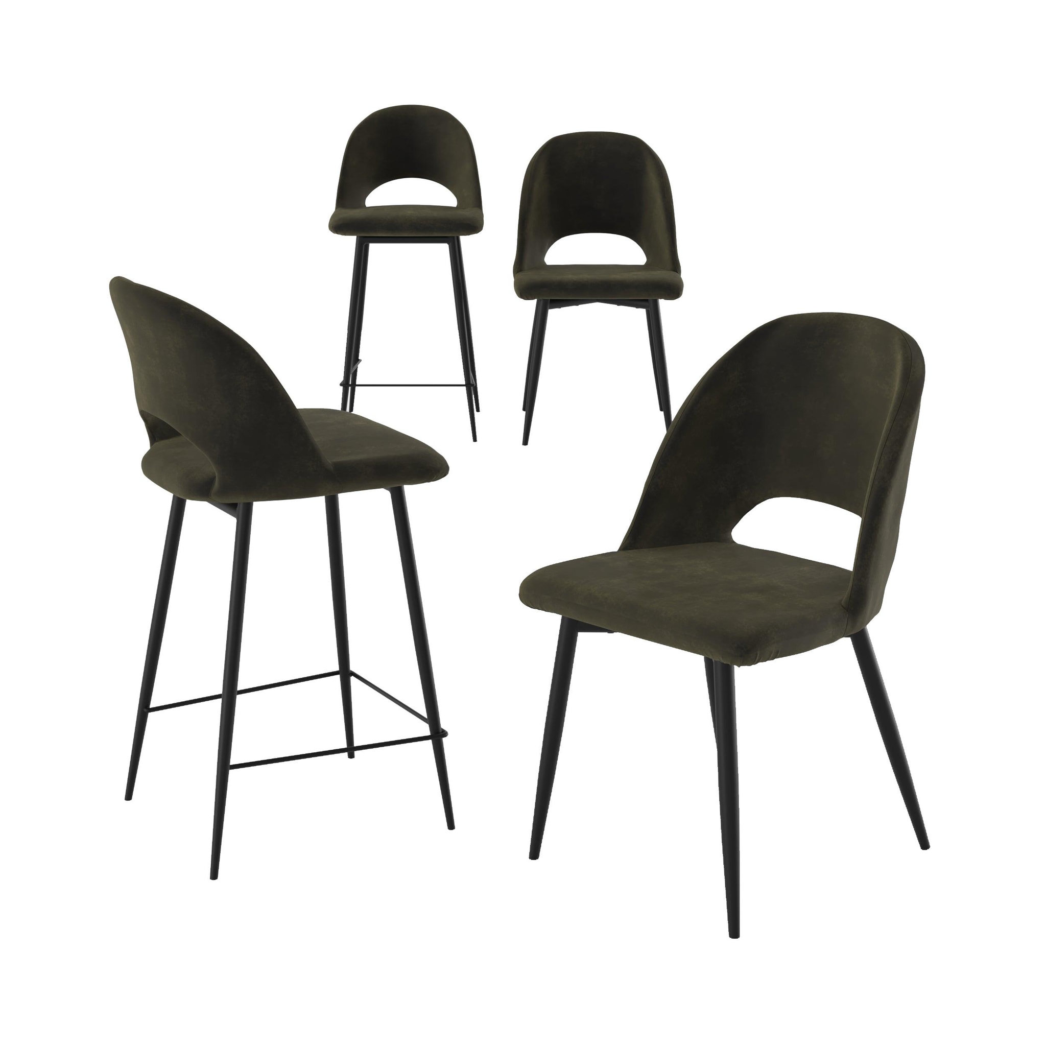 MAISON PAVANE Pack 2 chaises et 2 chaises de bar 65 cm en velours vert-pénélope