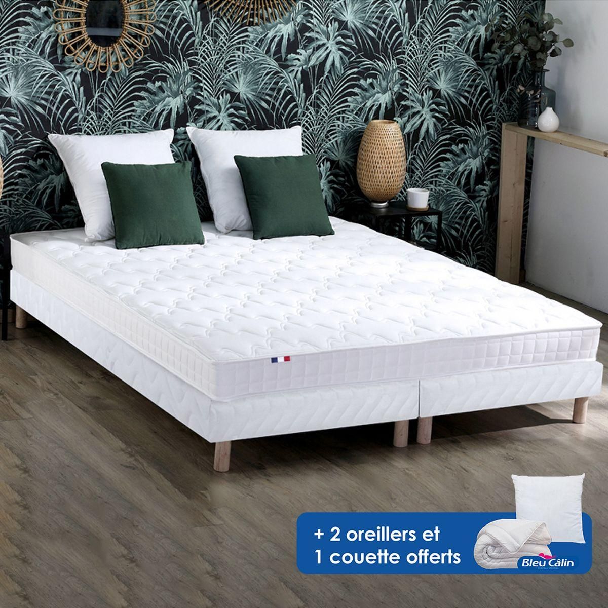 Ensemble matelas mémoire de forme + sommier 2 x 80 x 200 cm+ oreiller + couette TIPHAINE