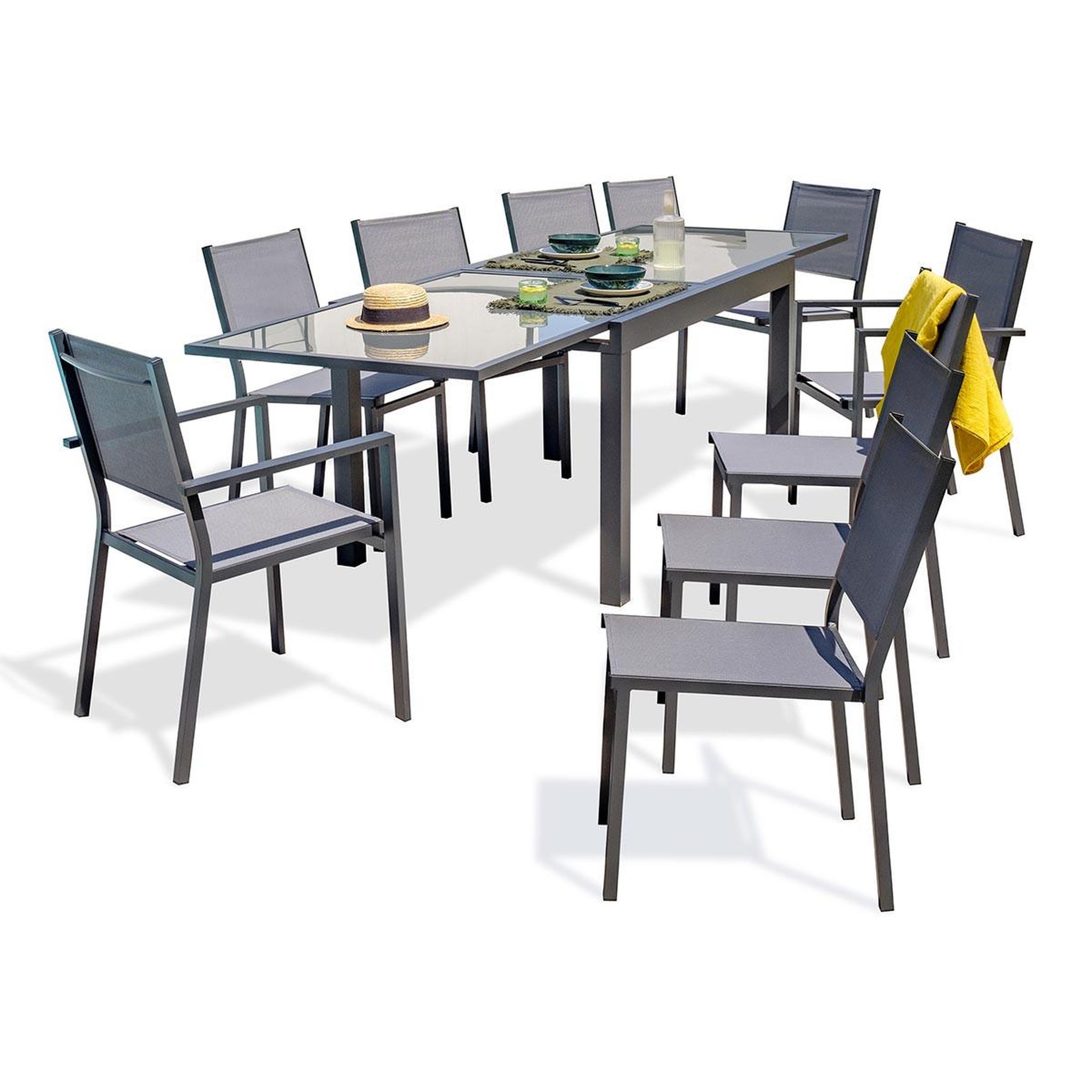 DCB GARDEN Ensemble Table de Jardin 8 Chaises & 2 Fauteuils  Tolede  135-270cm Gris Anthracite