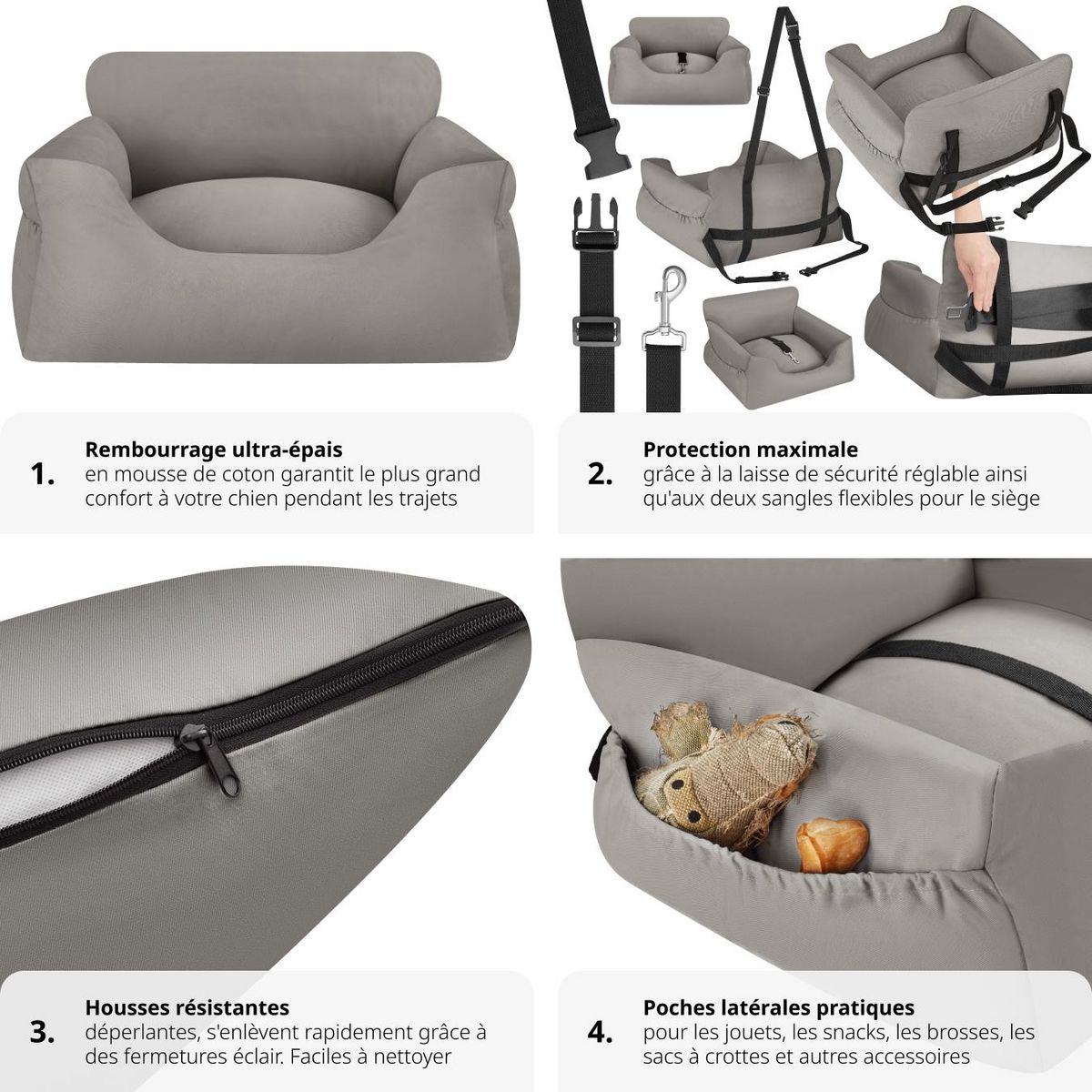 tectake Siège auto pour chien avec une laisse de sécurité et 2 sangles de fixation réglables en longueur gris