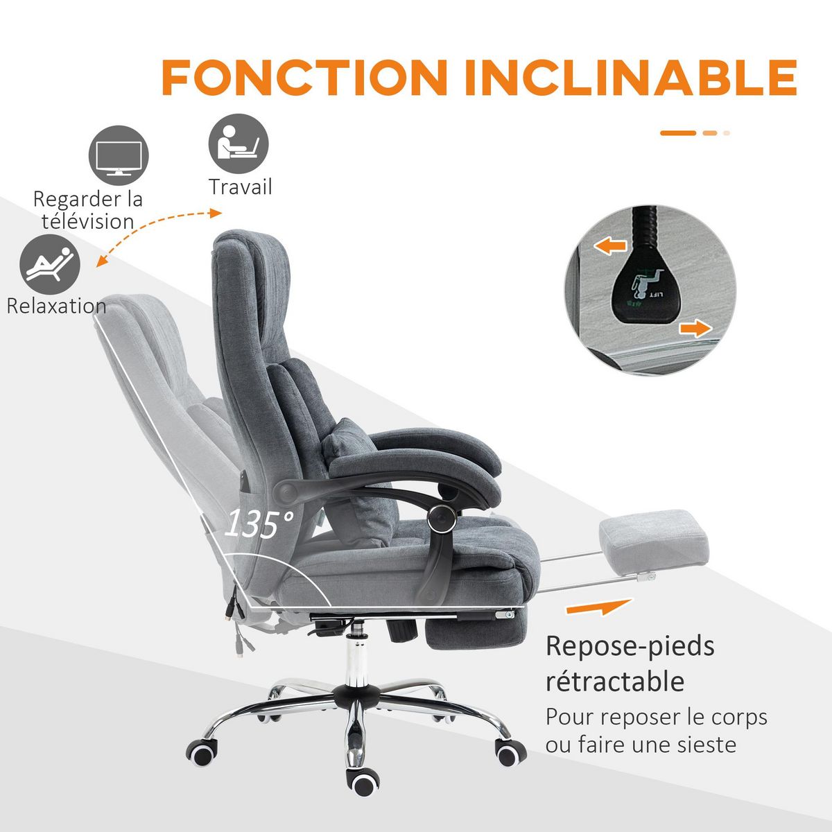 VINSETTO Fauteuil de bureau direction massant par pétrissage - réglable, inclinable, repose-pied rétractable - tissu gris