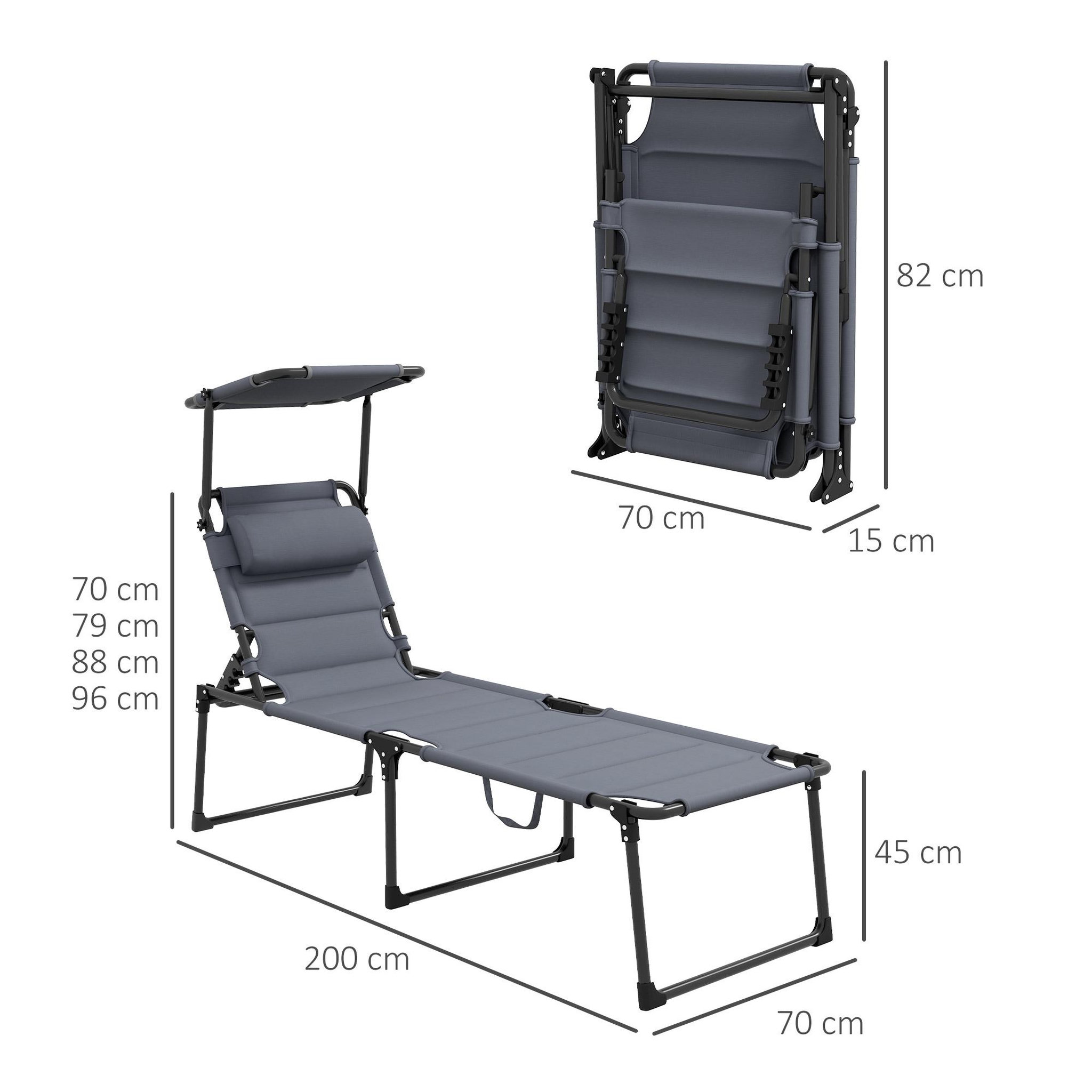 Voir la diapositive 3 : OUTSUNNY Bain de soleil transat inclinable pliable matelassé - pare-soleil, tétière - métal époxy noir tissu gris