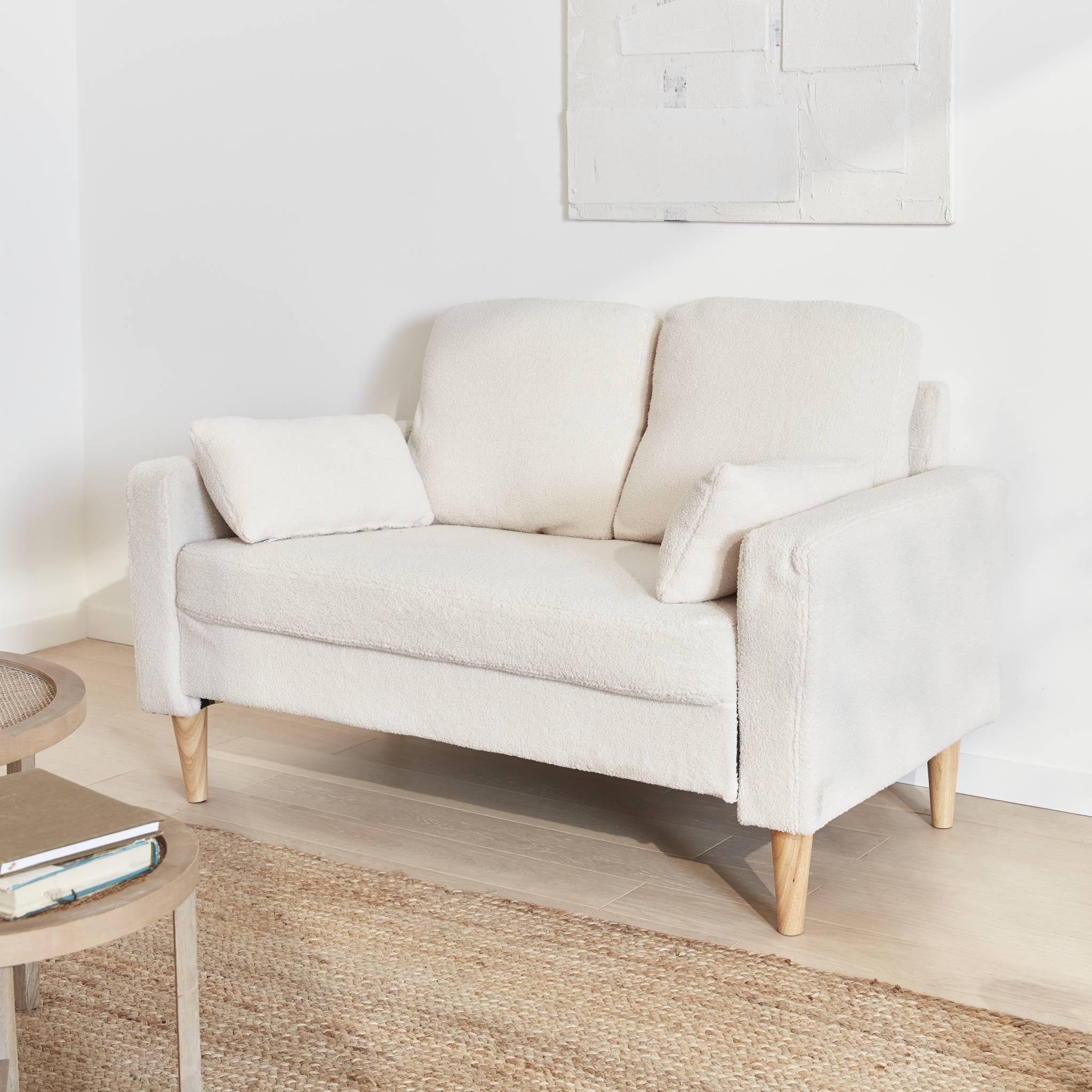 Voir la diapositive 3 : SWEEEK Canapé à bouclettes blanc cassé - Bjorn - Canapé 2 places fixe droit pieds bois. style scandinave