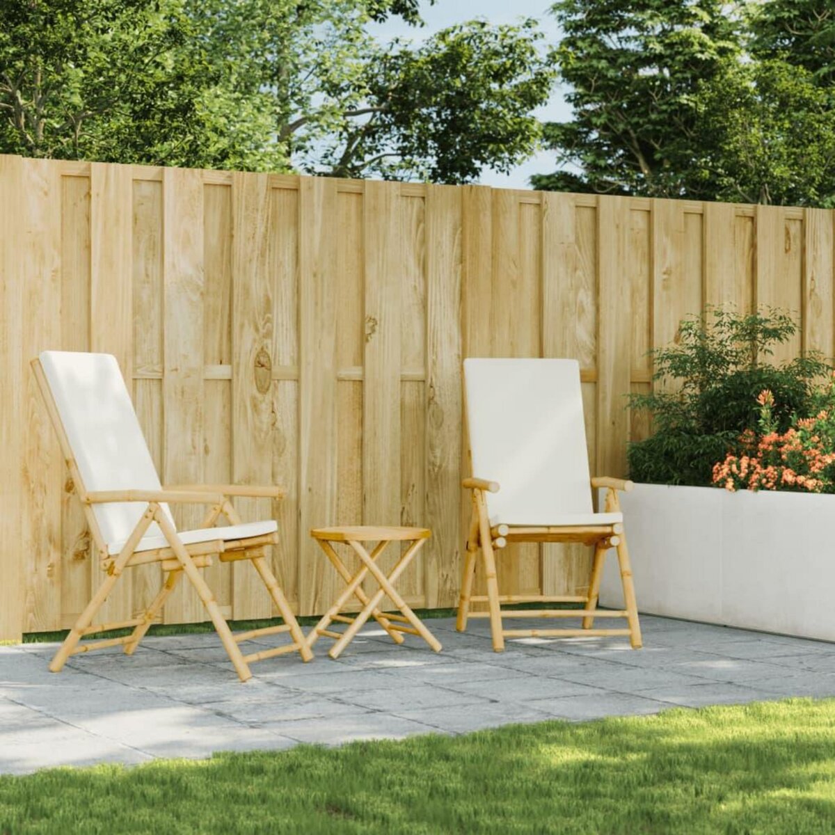 VIDAXL Ensemble de bistro pliante 3 pcs et coussins blanc creme bambou