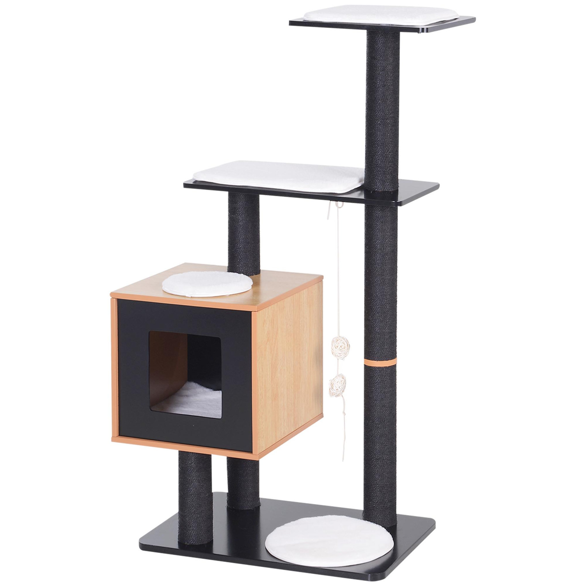 PAWHUT Arbre à chats design contemporain griffoirs grattoirs sisal naturel centre d'activités niche plate-formes jeu boules suspendues 71l x 49l x 120h cm mdf noir hêtre