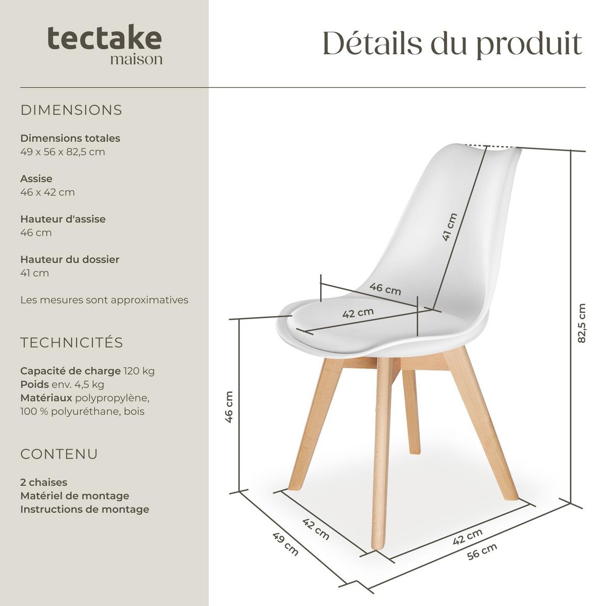 tectake Ensemble de chaises de salle à manger avec siège rembourré blanc/blanc Lot de 2