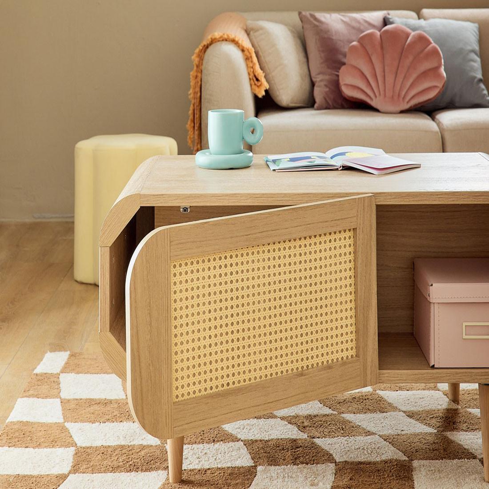 Voir la diapositive 6 : BEST MOBILIER Mathilde - table basse - effet bois et cannage - 1 niche - 100 cm