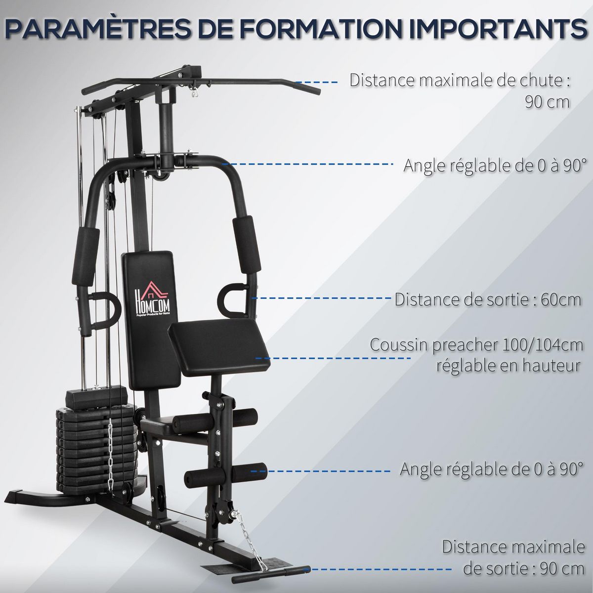 HOMCOM Station de musculation - entrainement complet - développé couché, butterfly, barre latissimus, curler, bande résistance - 9 contrepoids - acier noir
