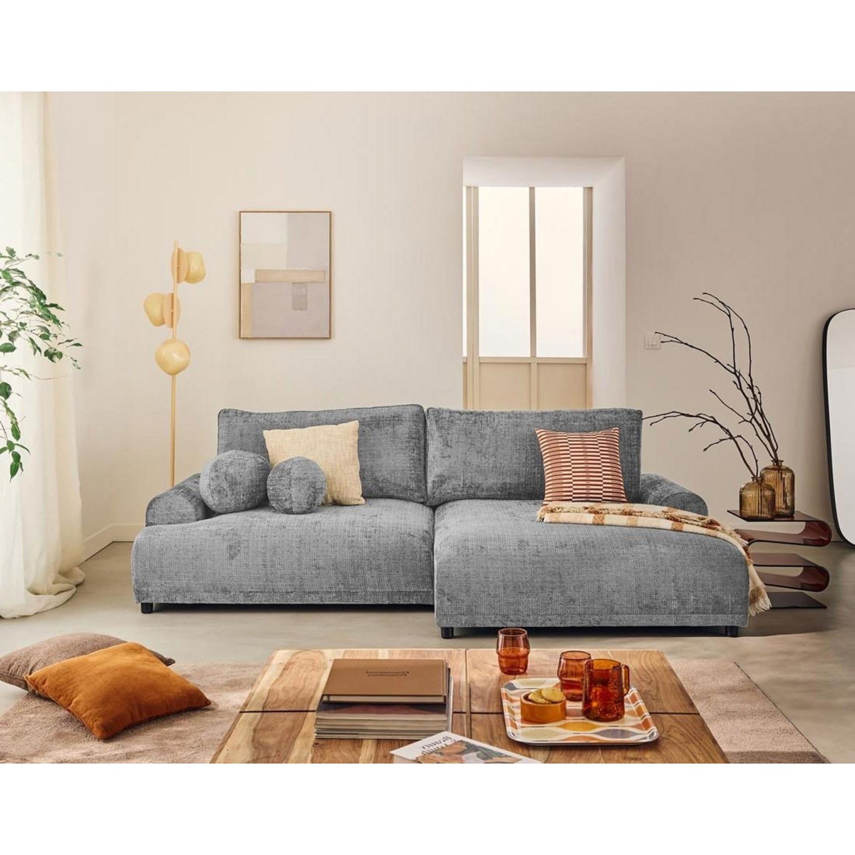 LISA DESIGN Nelly - canapé d'angle droit 4 places convertible avec coffre en velours texturé