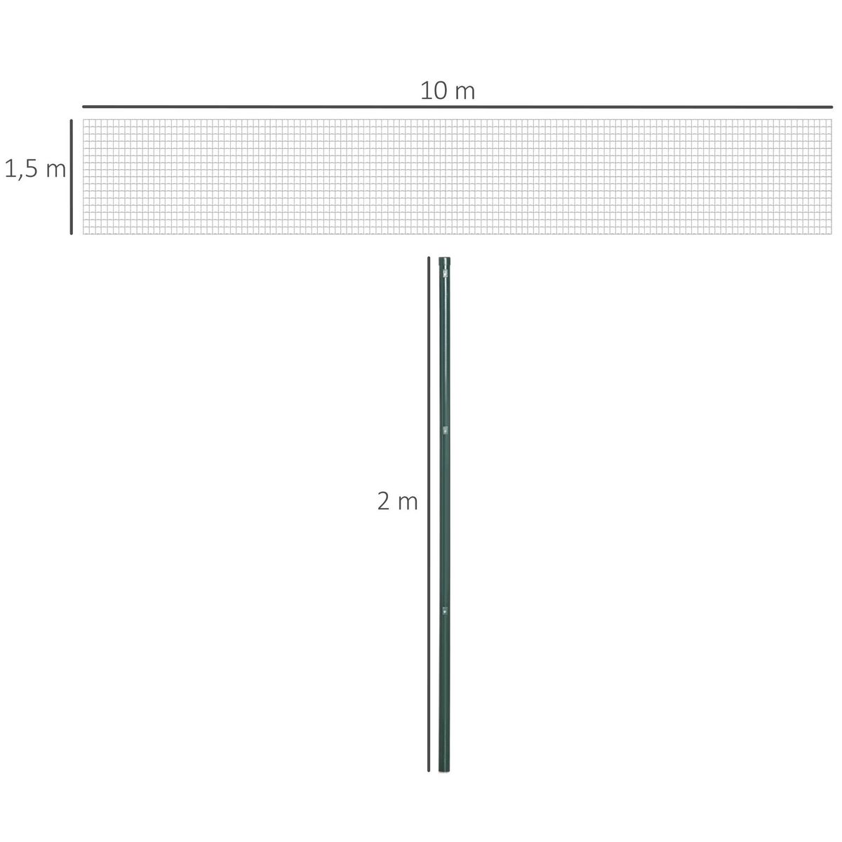 OUTSUNNY Grillage rouleau soudé - maille 7,3L x 6,3l cm - hauteur 2 m - longueur 10 m - poteaux, jambes de force inclus - acier revêtement PVC vert