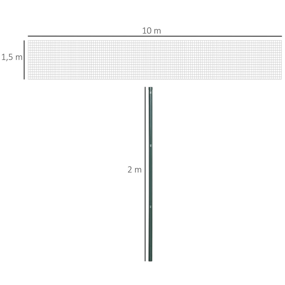 OUTSUNNY Grillage rouleau soudé - maille 7,3L x 6,3l cm - hauteur 2 m - longueur 10 m - poteaux, jambes de force inclus - acier revêtement PVC vert