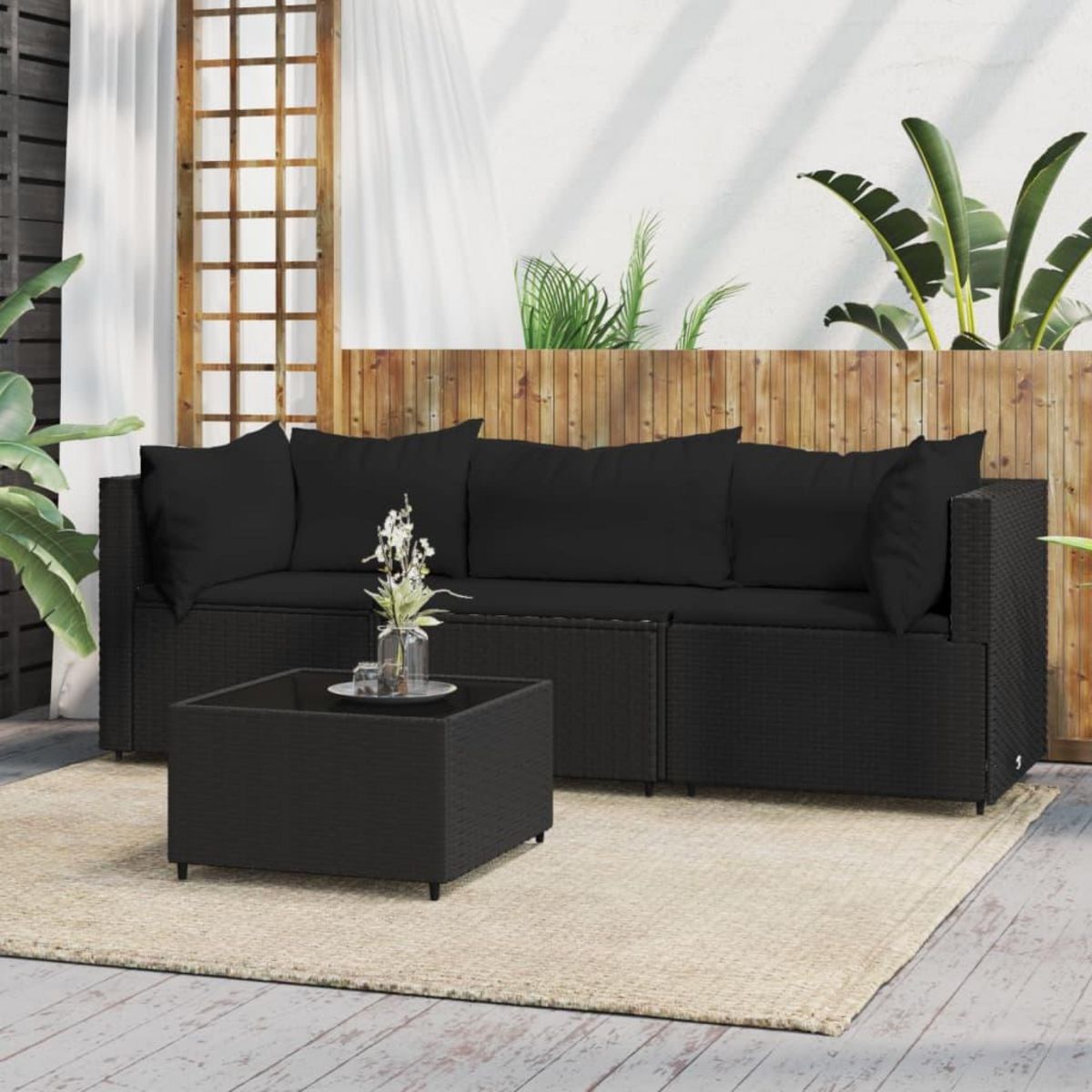 VIDAXL Salon de jardin 4 pcs avec coussins Noir Resine tressee