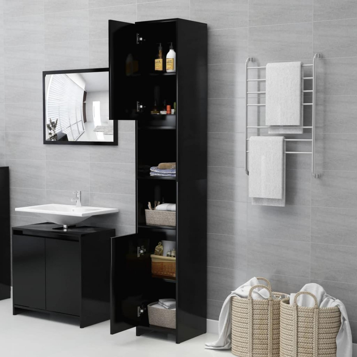 VIDAXL Armoire de salle de bain Noir 30x30x183,5 cm Bois d'ingenierie