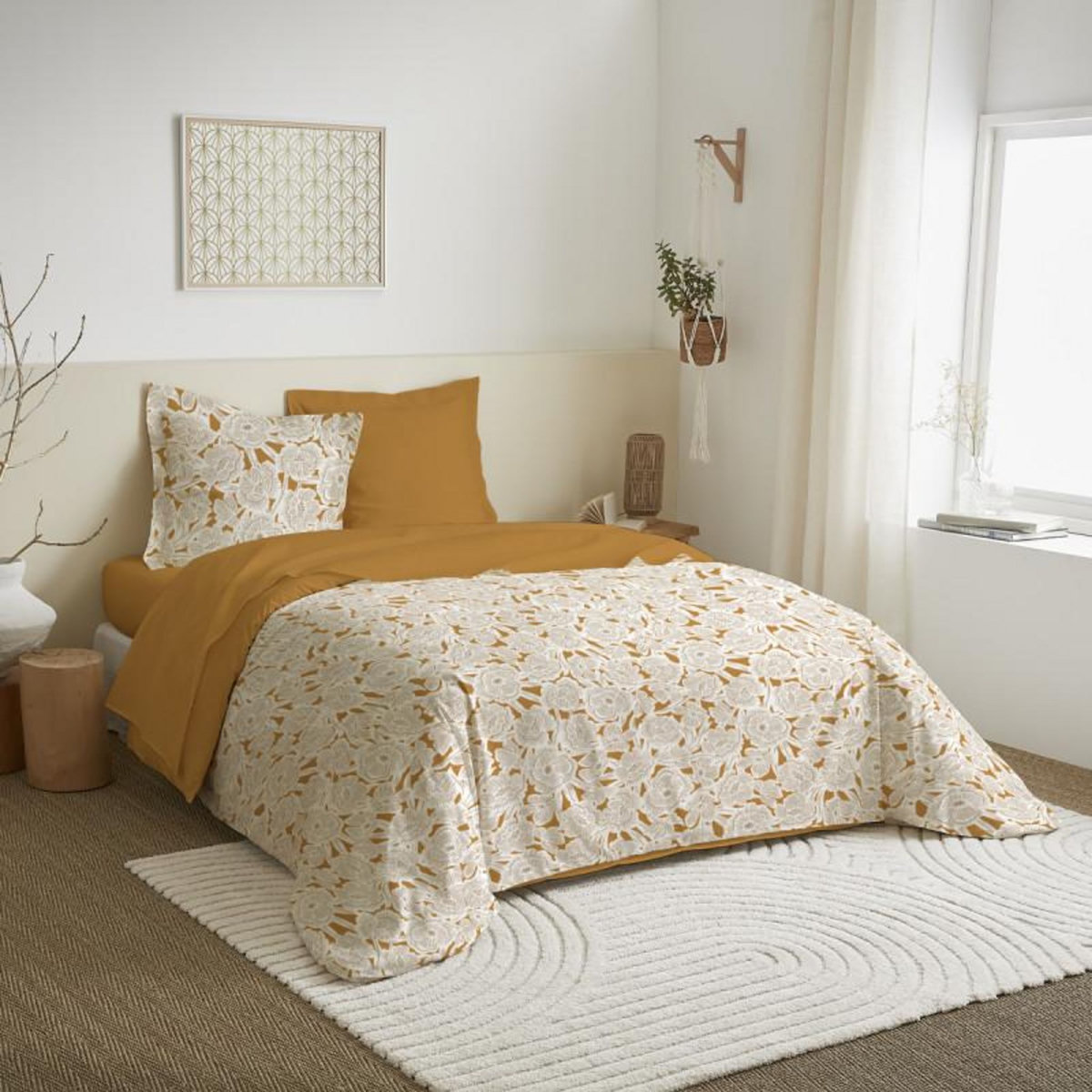 COTON PUR Parure de draps 4 pièces pour lit 140 x 190 cm Agathe moutarde