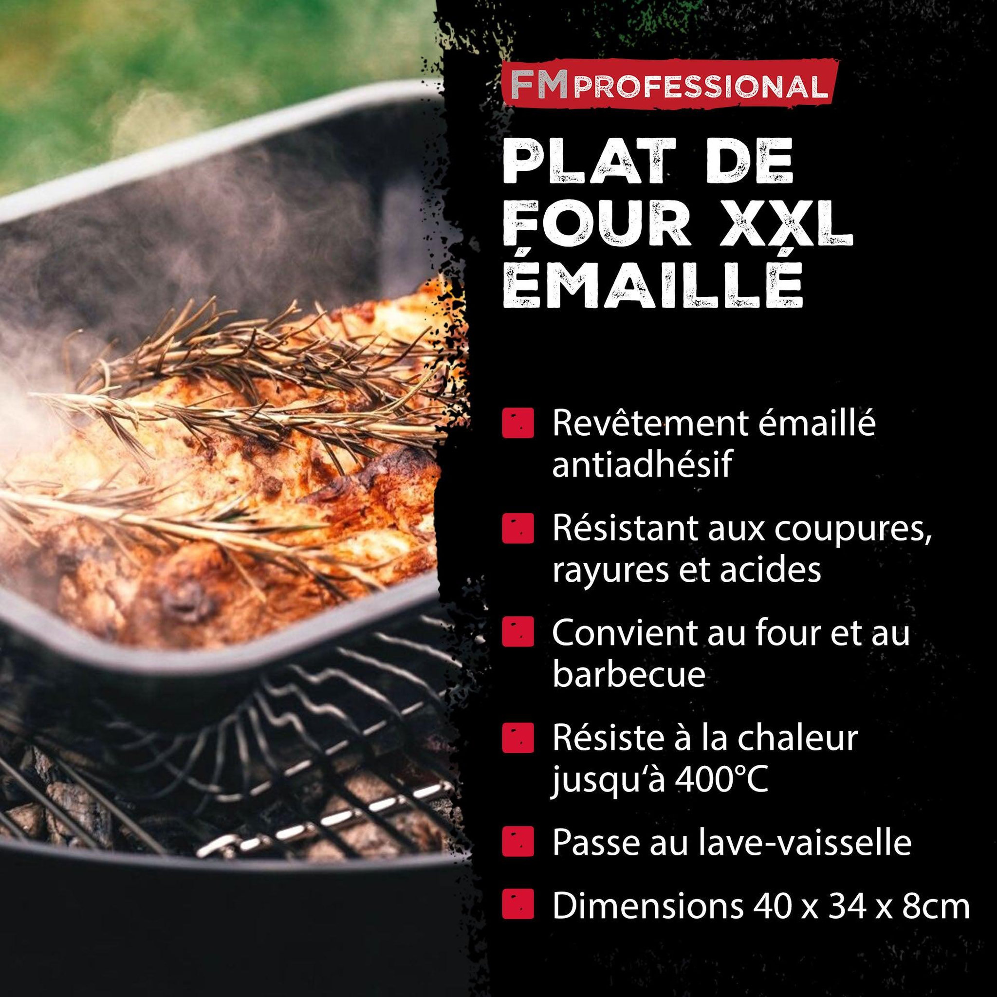 Voir la diapositive 4 : FM PROFESSIONAL Lot de 3 plats de cuisson en acier émaillé 40 x 34 cm, 21 x 12 cm, 28 x 33 cm fm professional barbecue