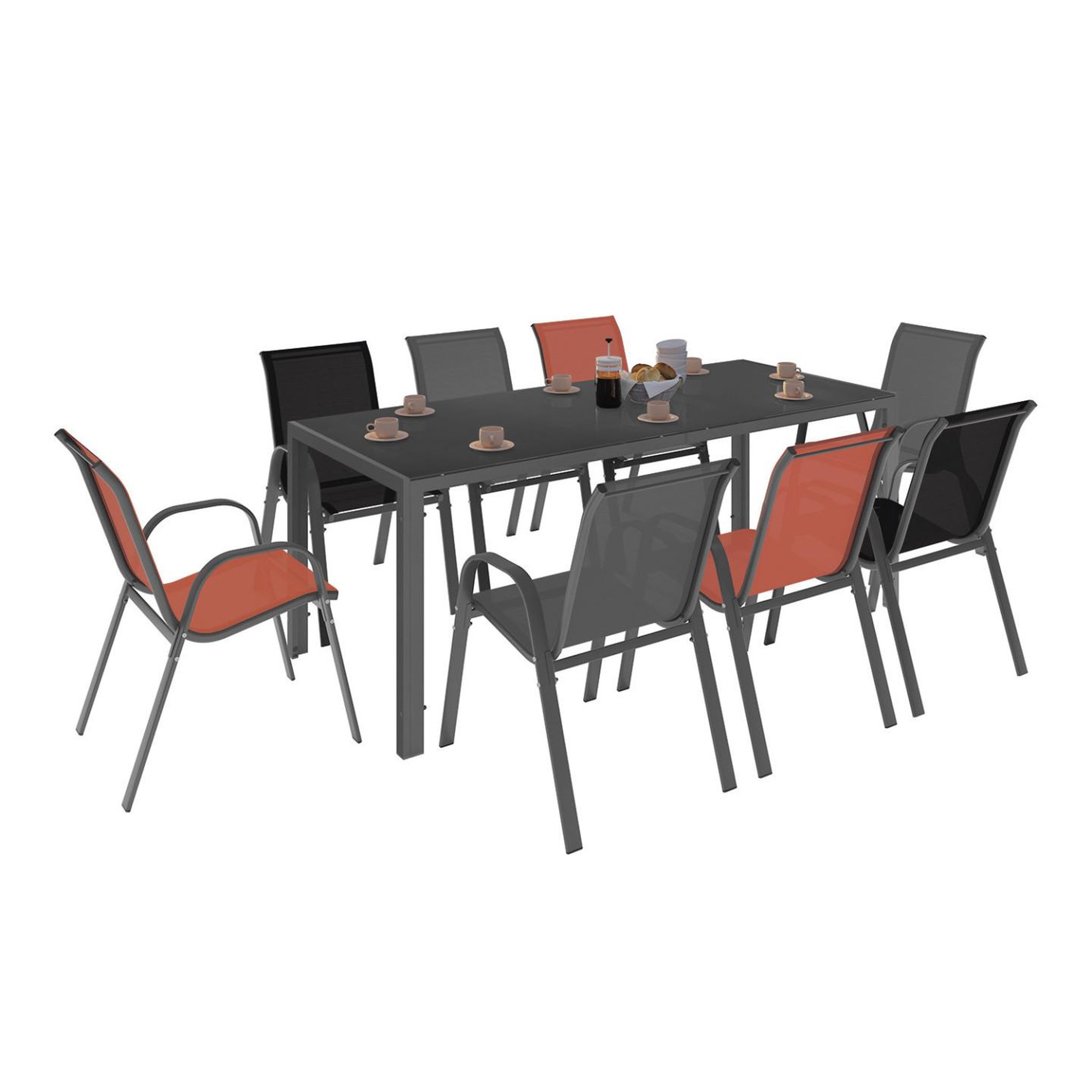 ID MARKET Salon de jardin madrid table 190 cm et 8 chaises empilables mix color gris, noir et terracotta