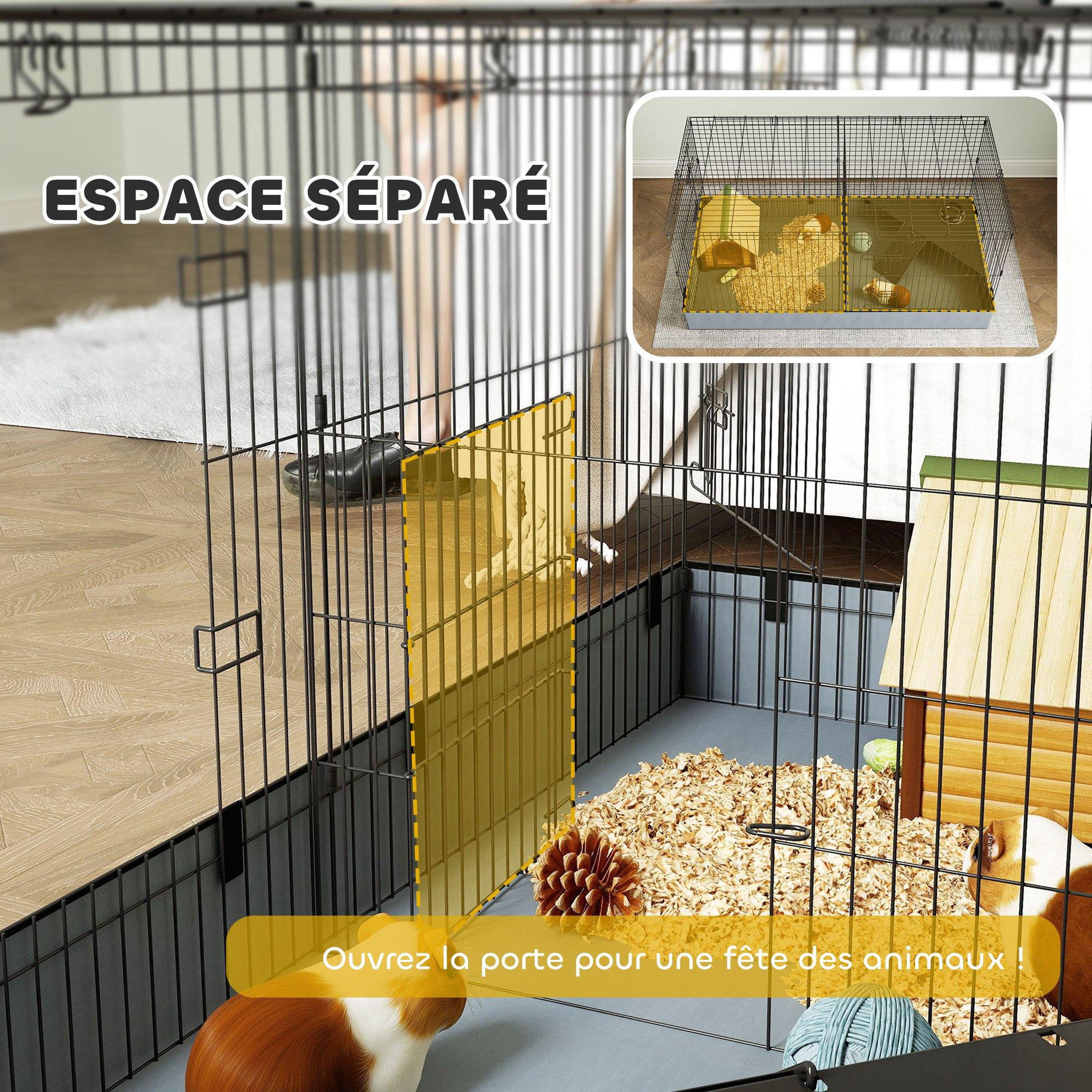 Voir la diapositive 4 : PAWHUT Cage pour cochon d'inde avec séparation 2 zones - plateforme observation, rampe, portes - acier noir PVC tissu gris