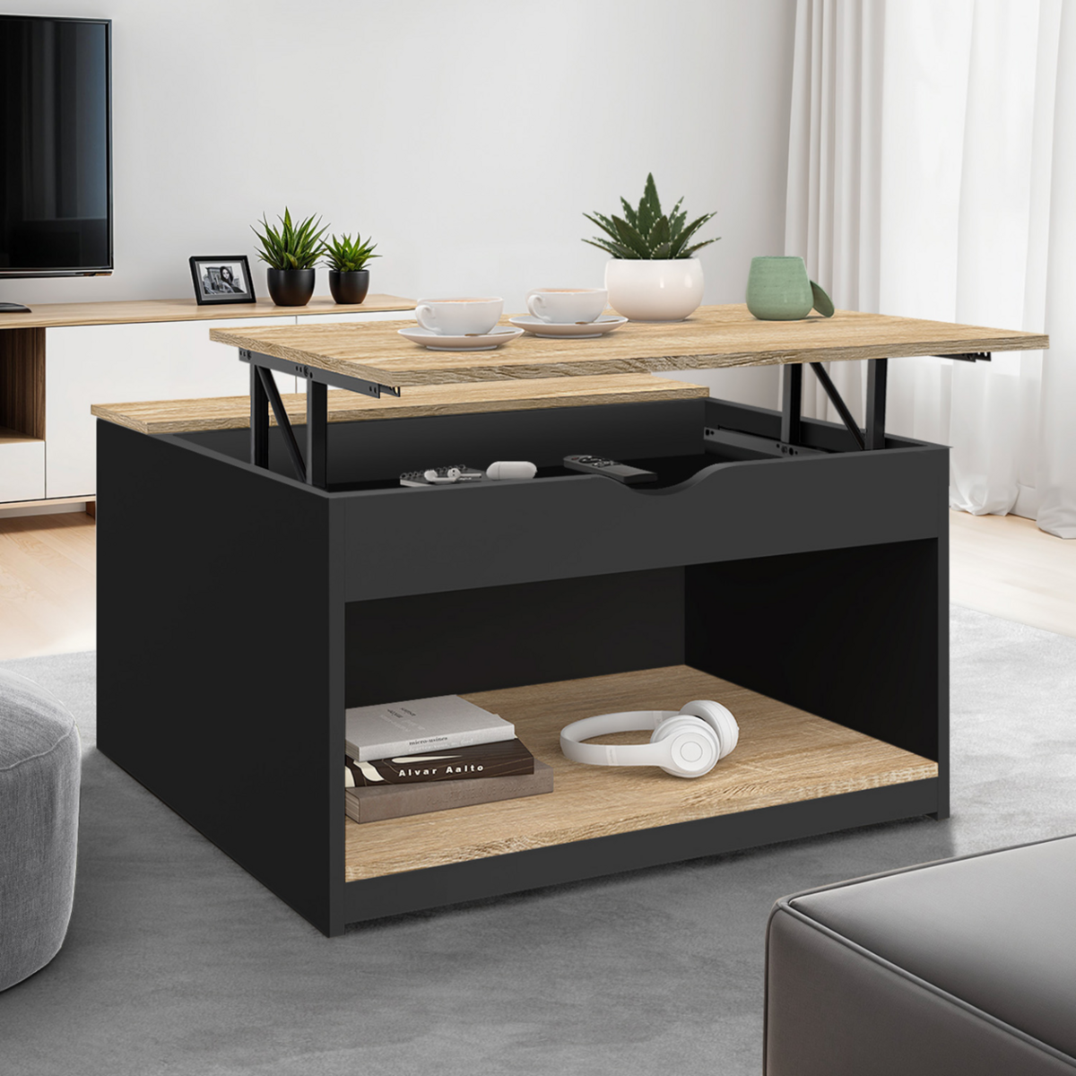 ID MARKET Table basse plateau relevable carrée ELEA avec coffre bois noir et façon hêtre
