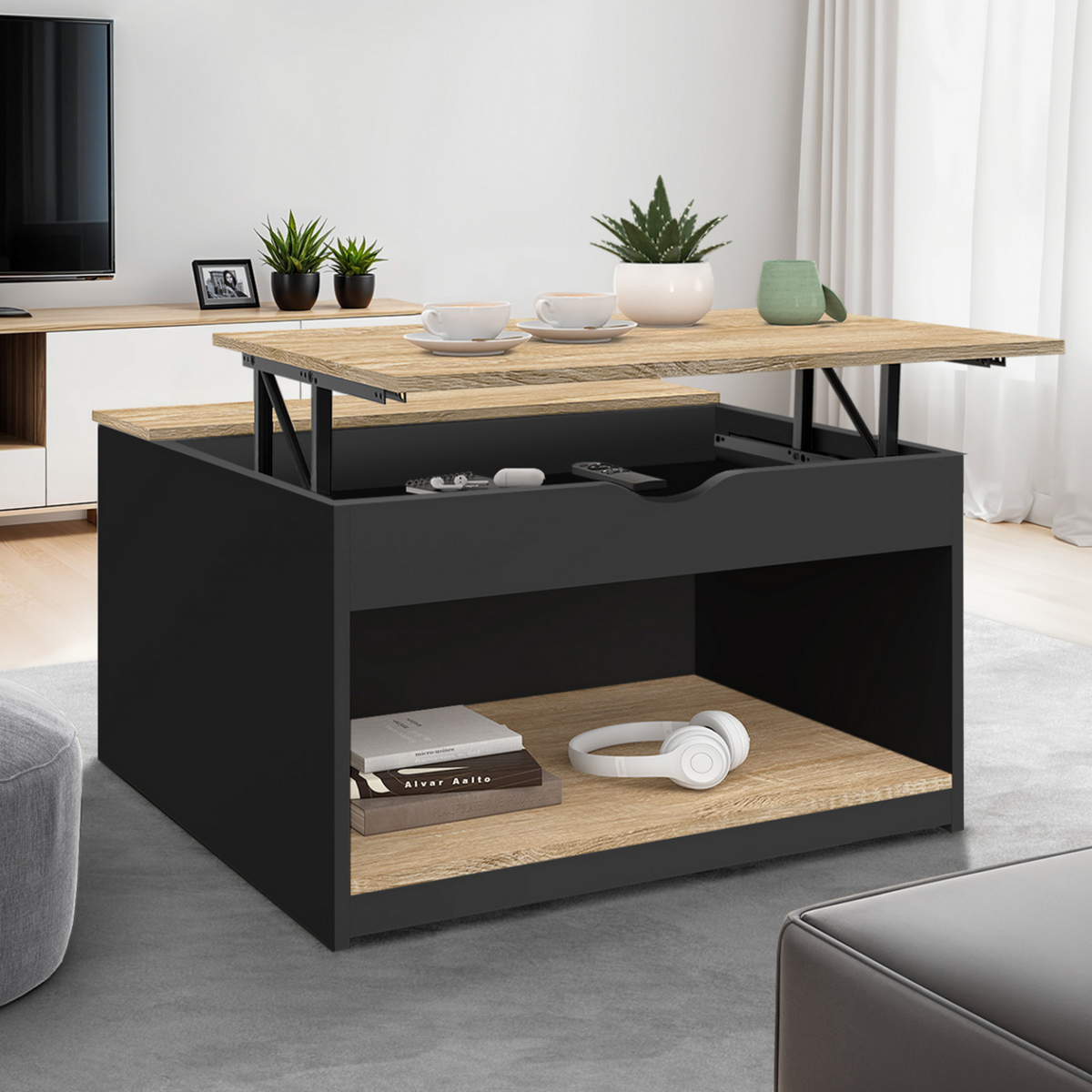 ID MARKET Table basse plateau relevable carrée ELEA avec coffre bois noir et façon hêtre