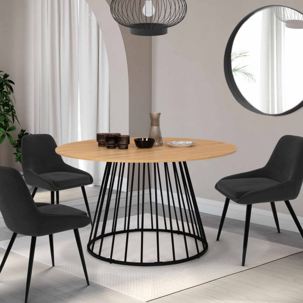 ID MARKET Table à manger ronde YUNA 6 personnes plateau bois et pied filaire en métal noir 110 cm