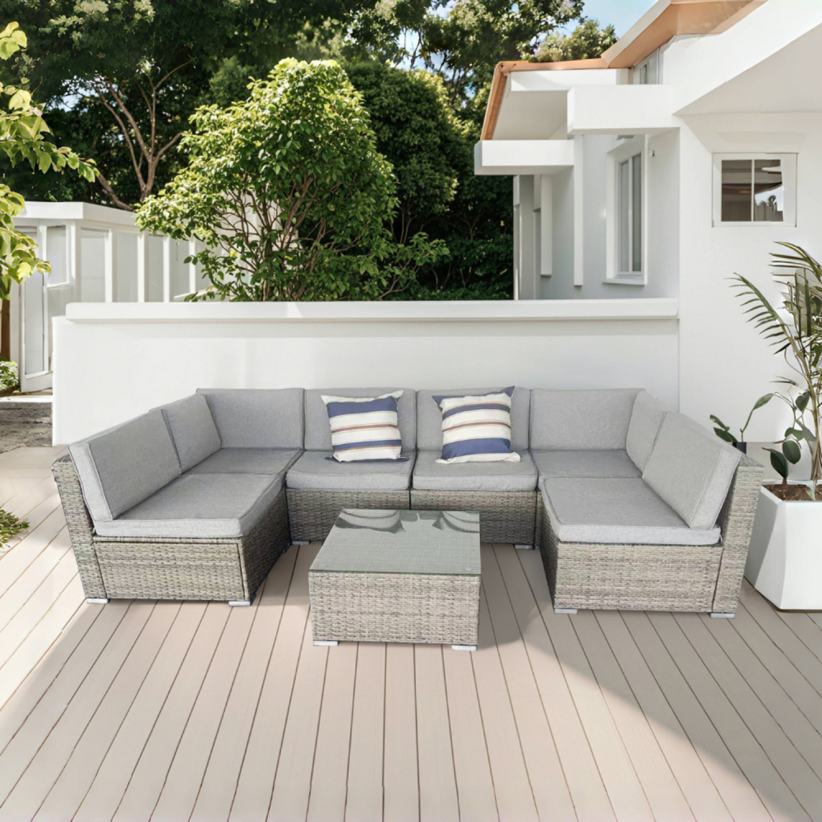 CONCEPT USINE Salon de jardin modulable 6 places en résine tressée - gris et gris ALDABRA