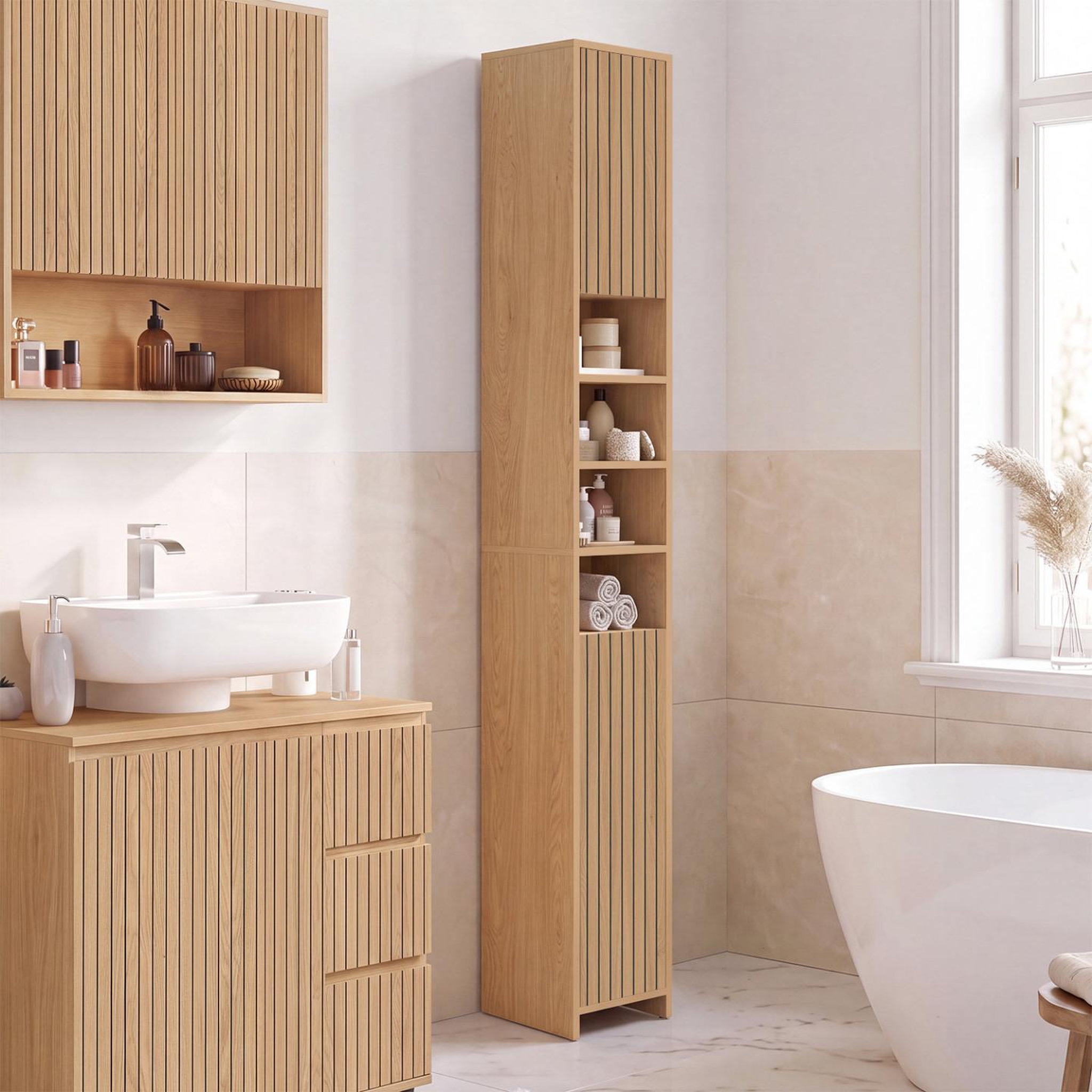 Voir la diapositive 2 : ID MARKET Meuble colonne salle de bain victor 2 portes 4 niches effet lattes