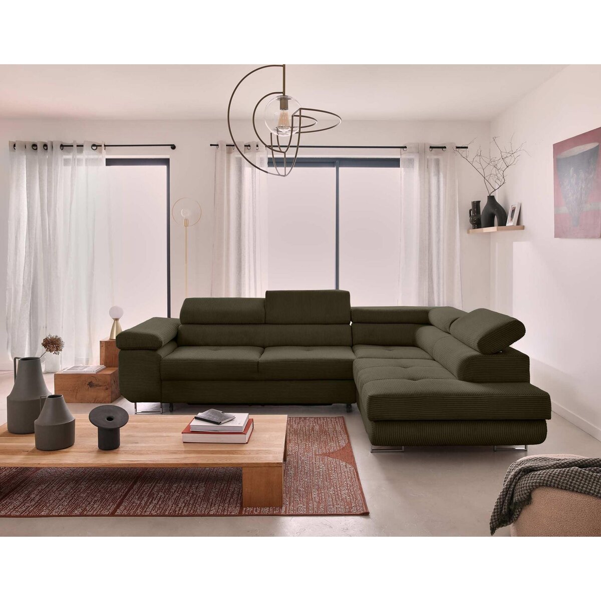 BEST MOBILIER Zaria - canapé d'angle droit - convertible avec coffre et têtières réglables - 5 places - en velours côtelé