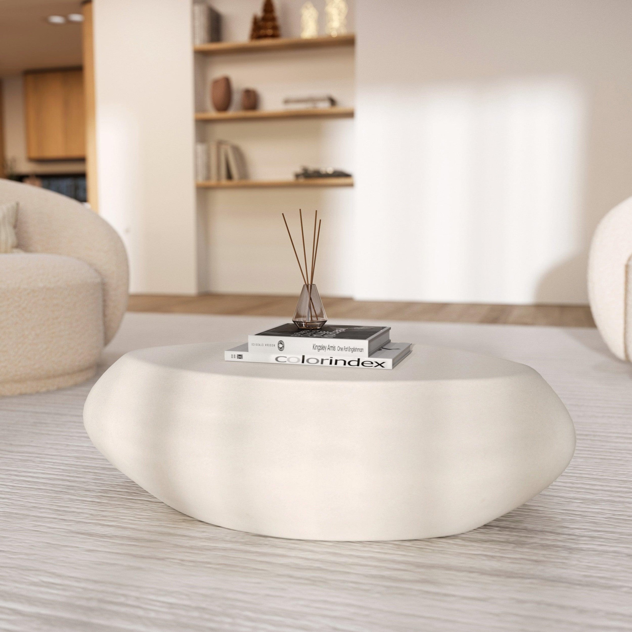 Voir la diapositive 2 : MAISON PAVANE Table basse ovale blanche en fibre d'argile effet béton 105 cm-maui