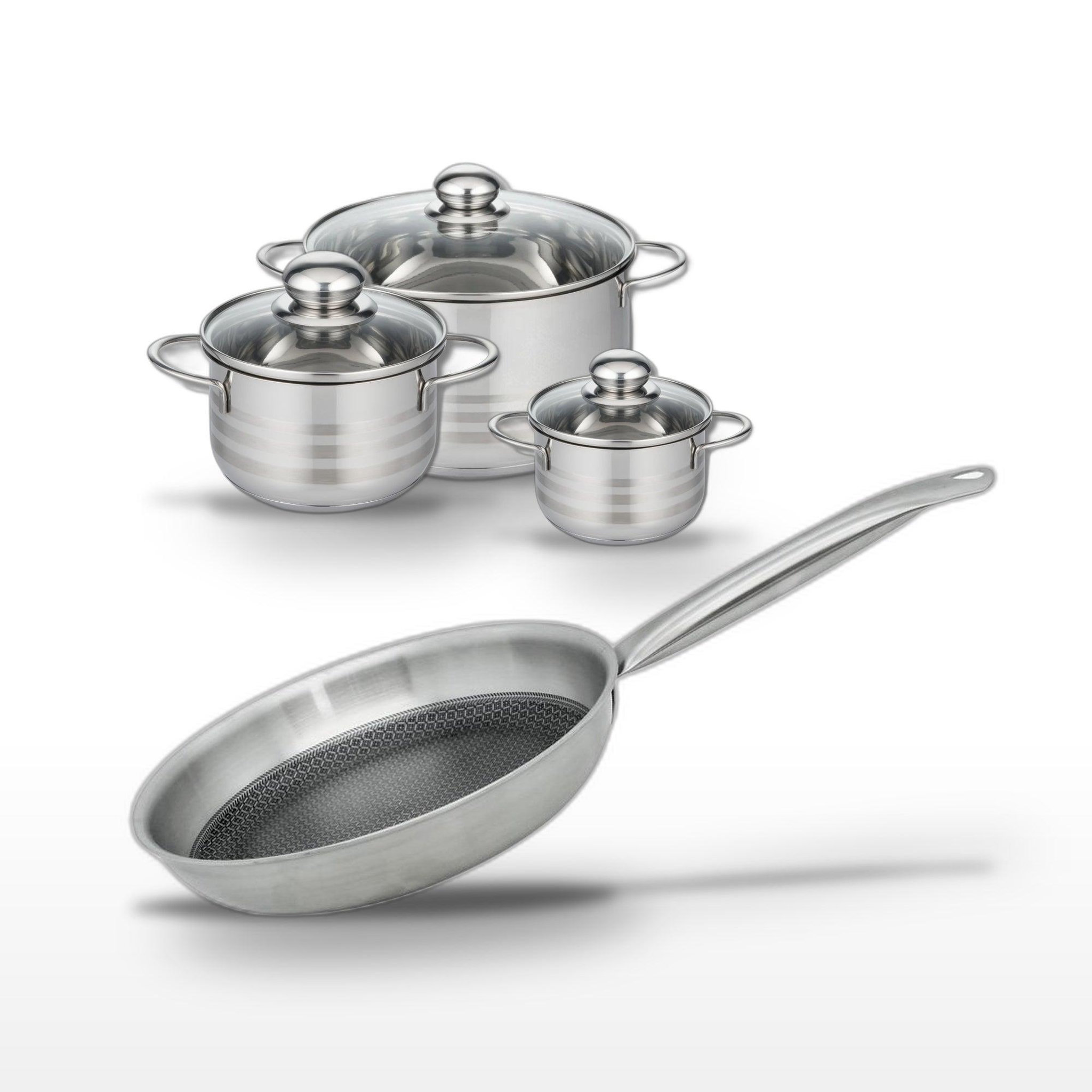 ELO Batterie de cuisine avec 3 faitouts 12/16/20 cm en inox et 1 poêle de cuisson 24 cm en acier avec sans pfas elo collection relief solution brillant