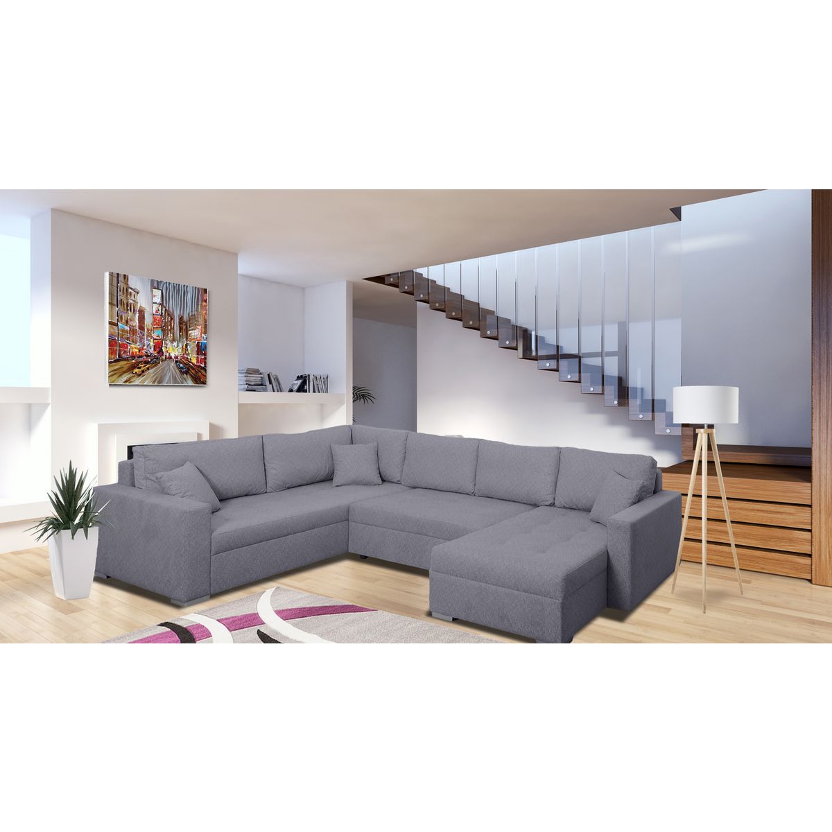 Canapé d'angle gauche convertible panoramique 5 places tissu avec coffre MAGNUS