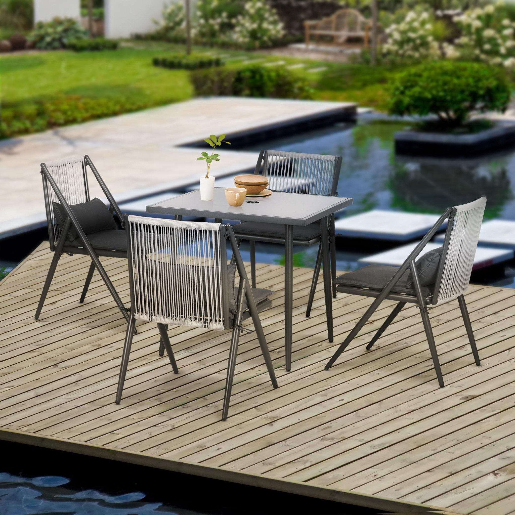 Voir la diapositive 2 : OUTSUNNY Ensemble salon de jardin design acapulco 4 places 5 pièces noir alu gris
