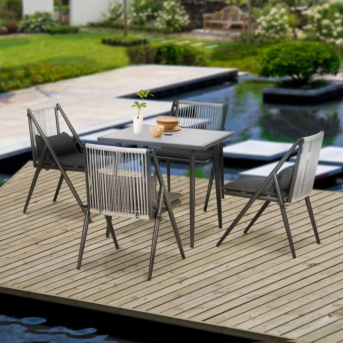 OUTSUNNY Ensemble salon de jardin design Acapulco 4 places 5 pièces noir alu gris