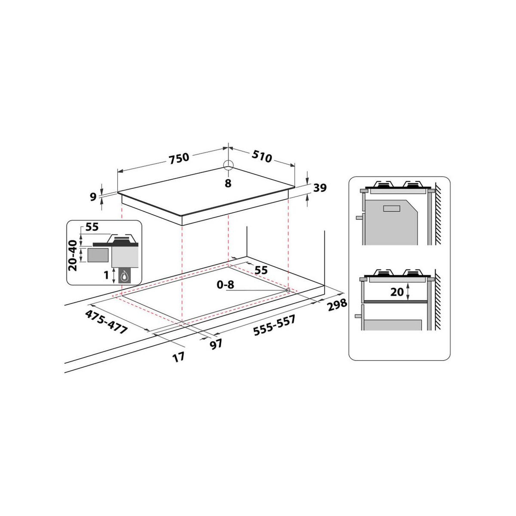 Voir la diapositive 3 : HOTPOINT Plaque de Cuisson - Table a GAZ HOTPOINT PNN 751 IX  - 5 foyers - 10,5kW - L75 x P51cm - Revetement inox - Inox