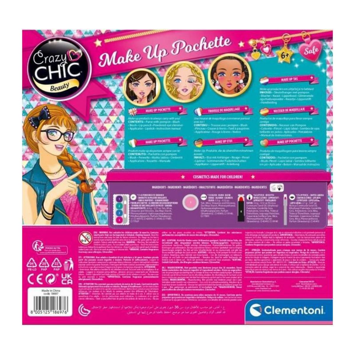 CLEMENTONI Clementoni Crazy Chic - Pochette de Maquillage lavable en tissu - Contient 5 produits de maquillage