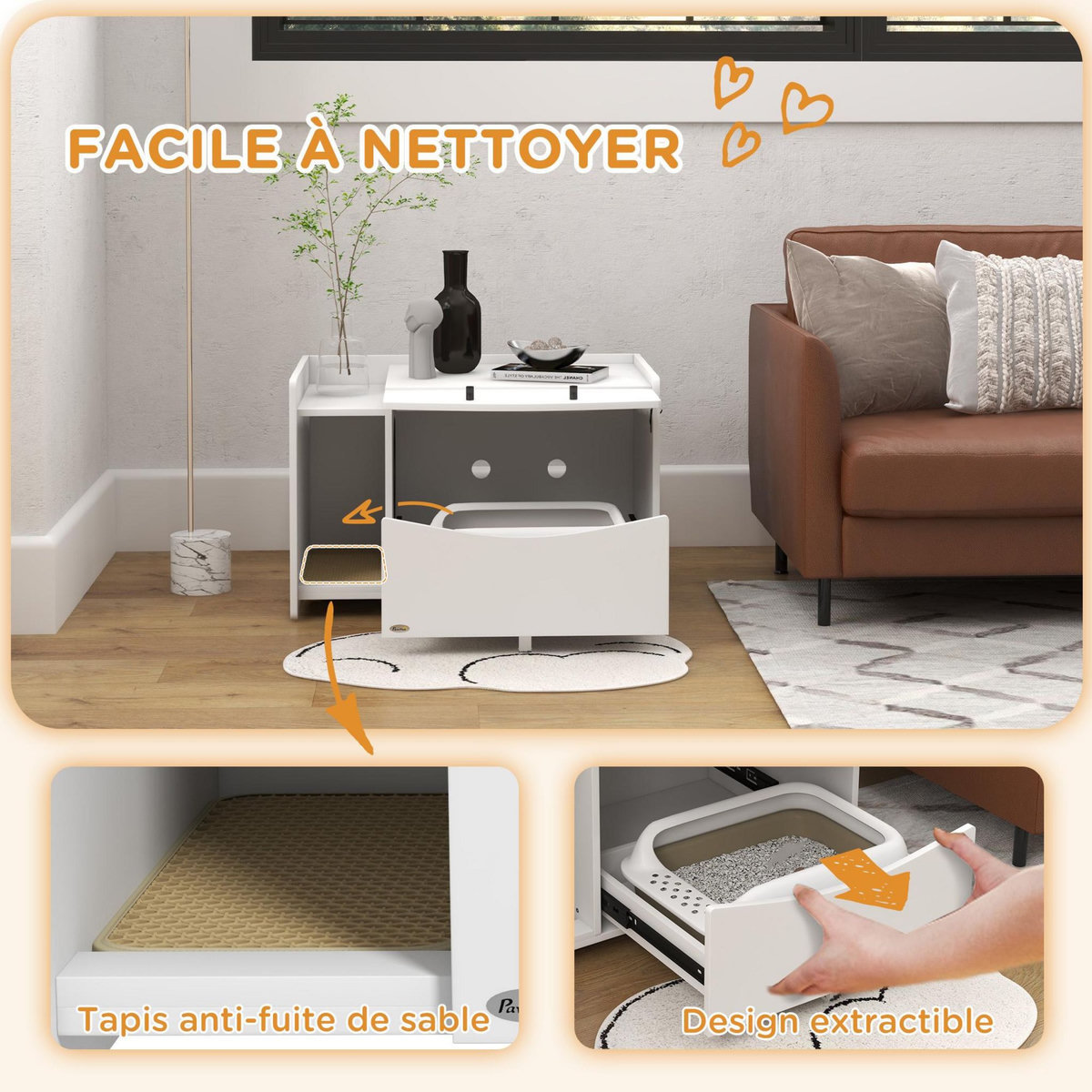 PAWHUT Maison de toilette pour chat - meuble cache litière - compartiment coulissant, aérations, tapis de fuite - blanc