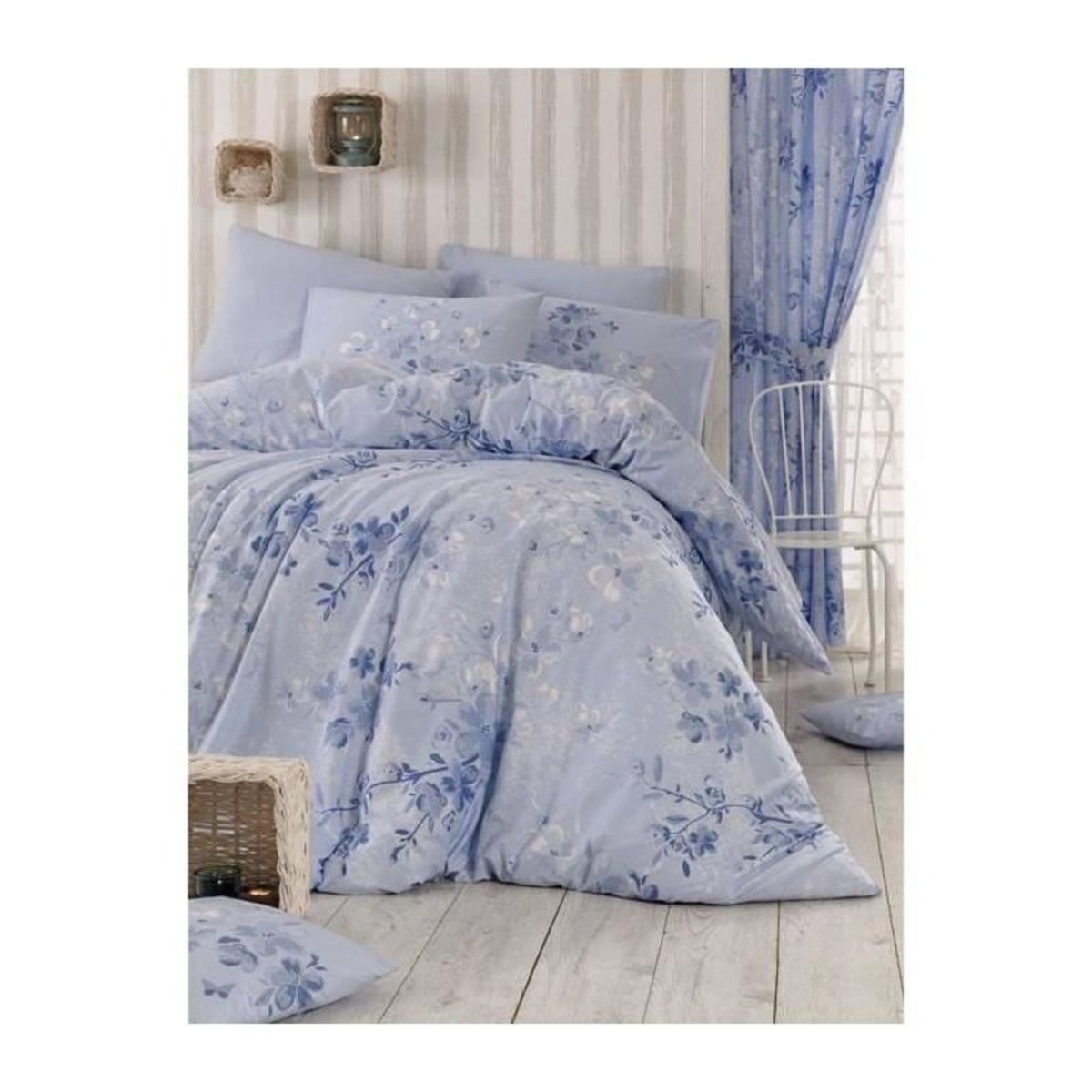 GENERIQUE Parure de lit - 1 housse de couette 220 x 240 cm + 2 taies d'oreiller 60 x 60 cm - 100% coton renforcé - Bleu