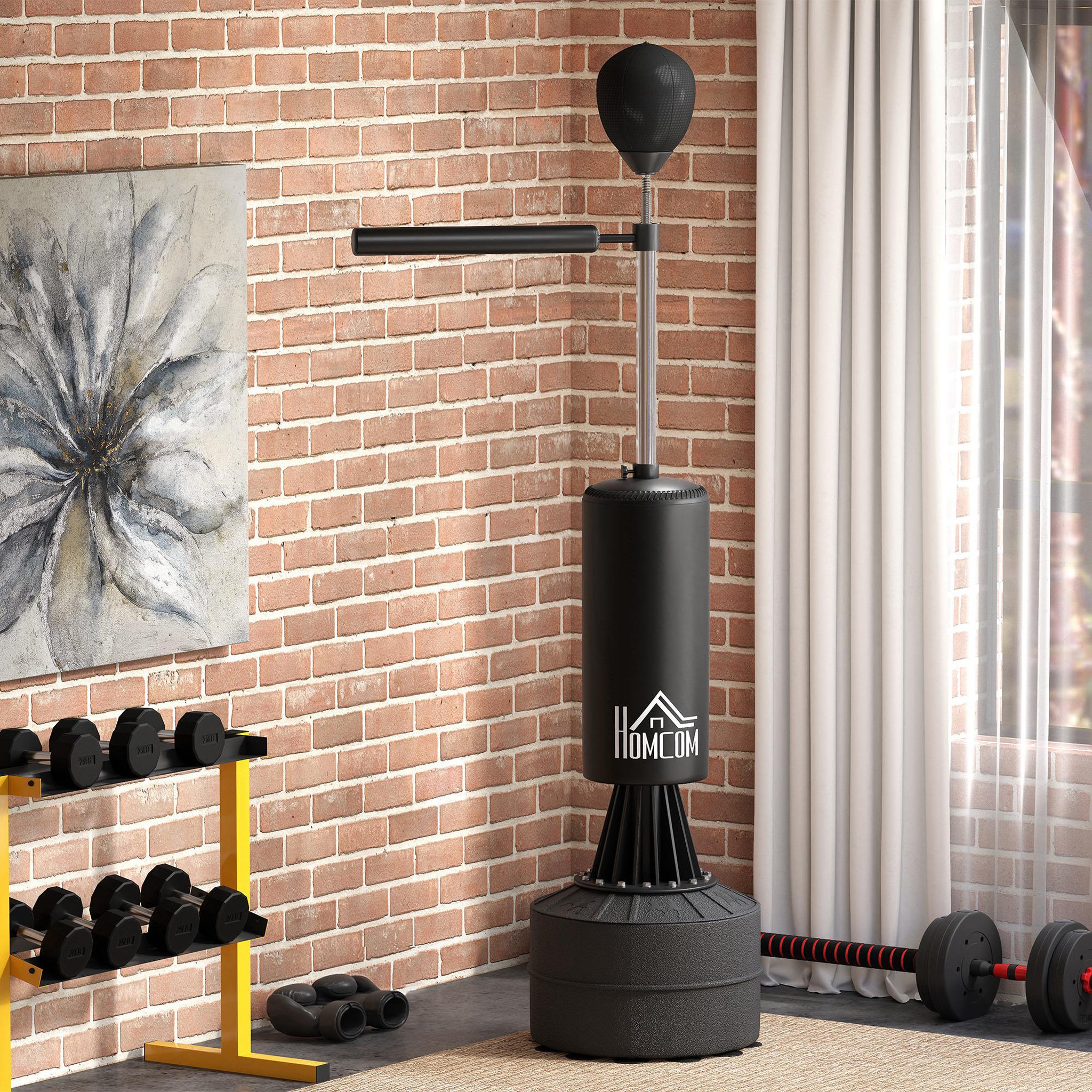 Voir la diapositive 2 : HOMCOM Sac de frappe boxe autoportant punching ball brunier 3 en 1 revêtement synthétique dim. 88l x 48l x 155-205h cm noir